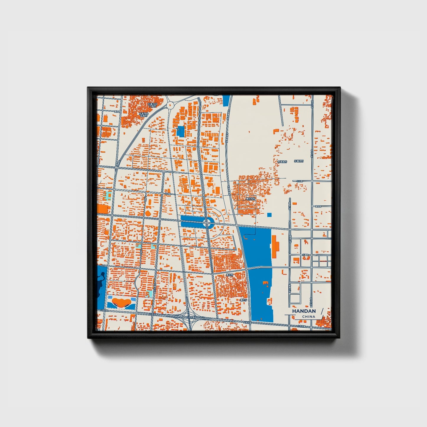 Handan China Colorful City Map Canvas Print • Black Framed