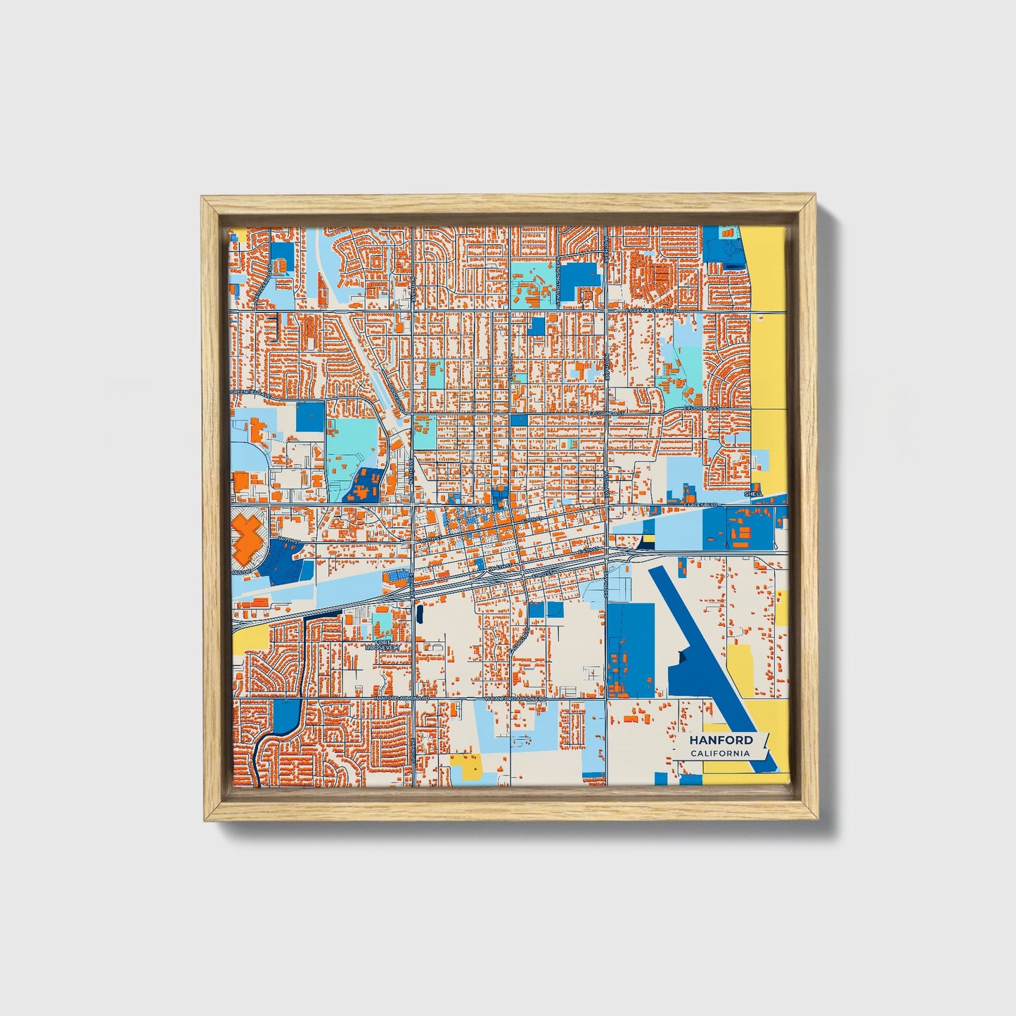 Hanford California Colorful City Map Canvas Print • Natural Wooden Framed
