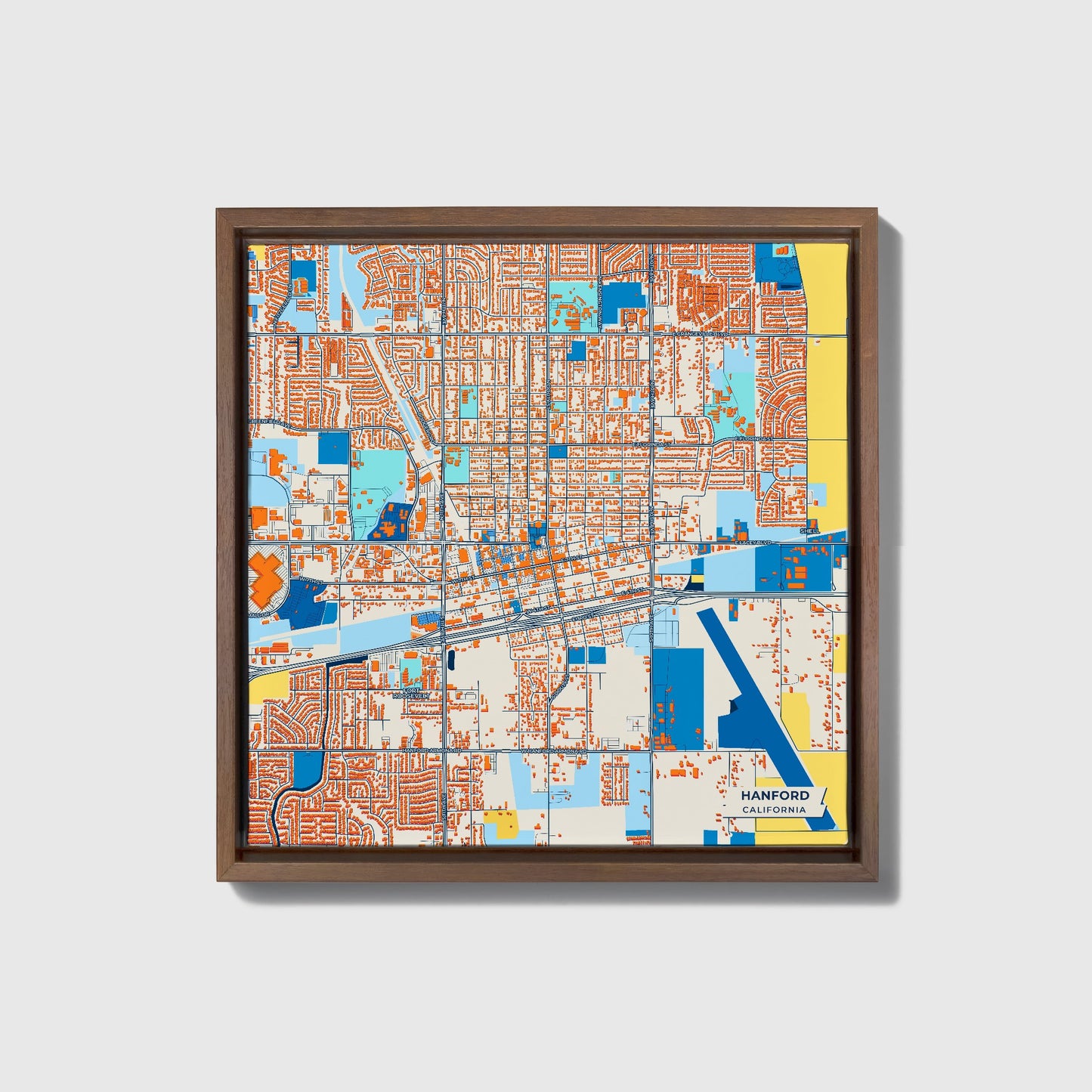 Hanford California Colorful City Map Canvas Print • Dark Wooden Framed