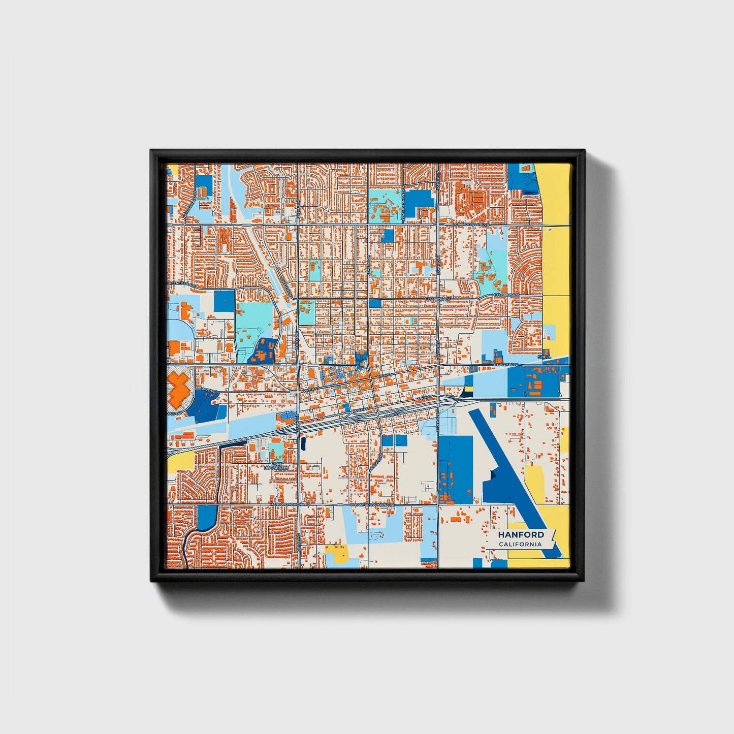 Hanford California Colorful City Map Canvas Print • Black Framed