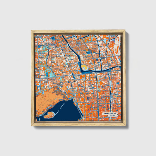 Hangzhou China Colorful City Map Canvas Print • Natural Wooden Framed