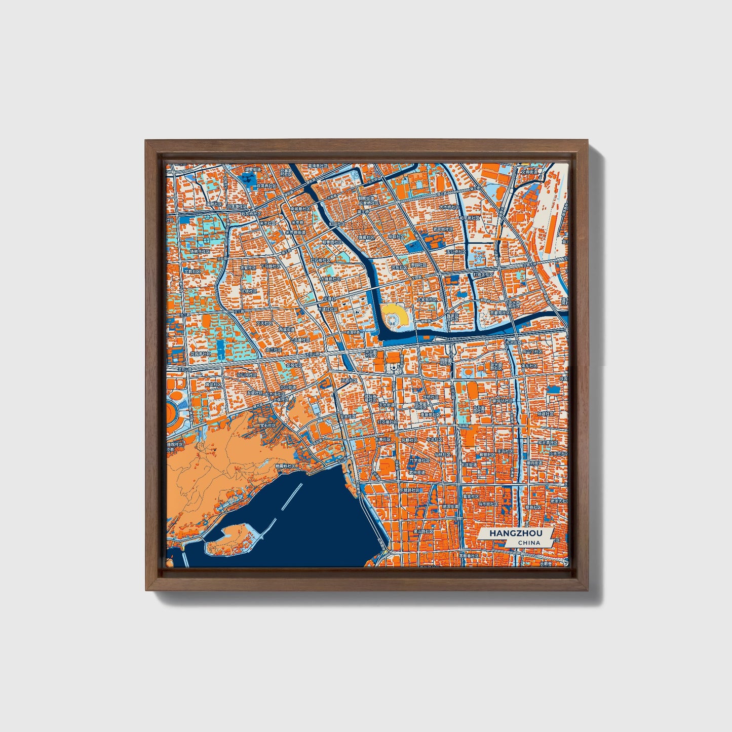 Hangzhou China Colorful City Map Canvas Print • Dark Wooden Framed