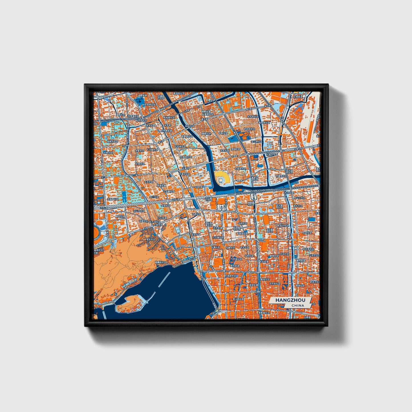 Hangzhou China Colorful City Map Canvas Print • Black Framed