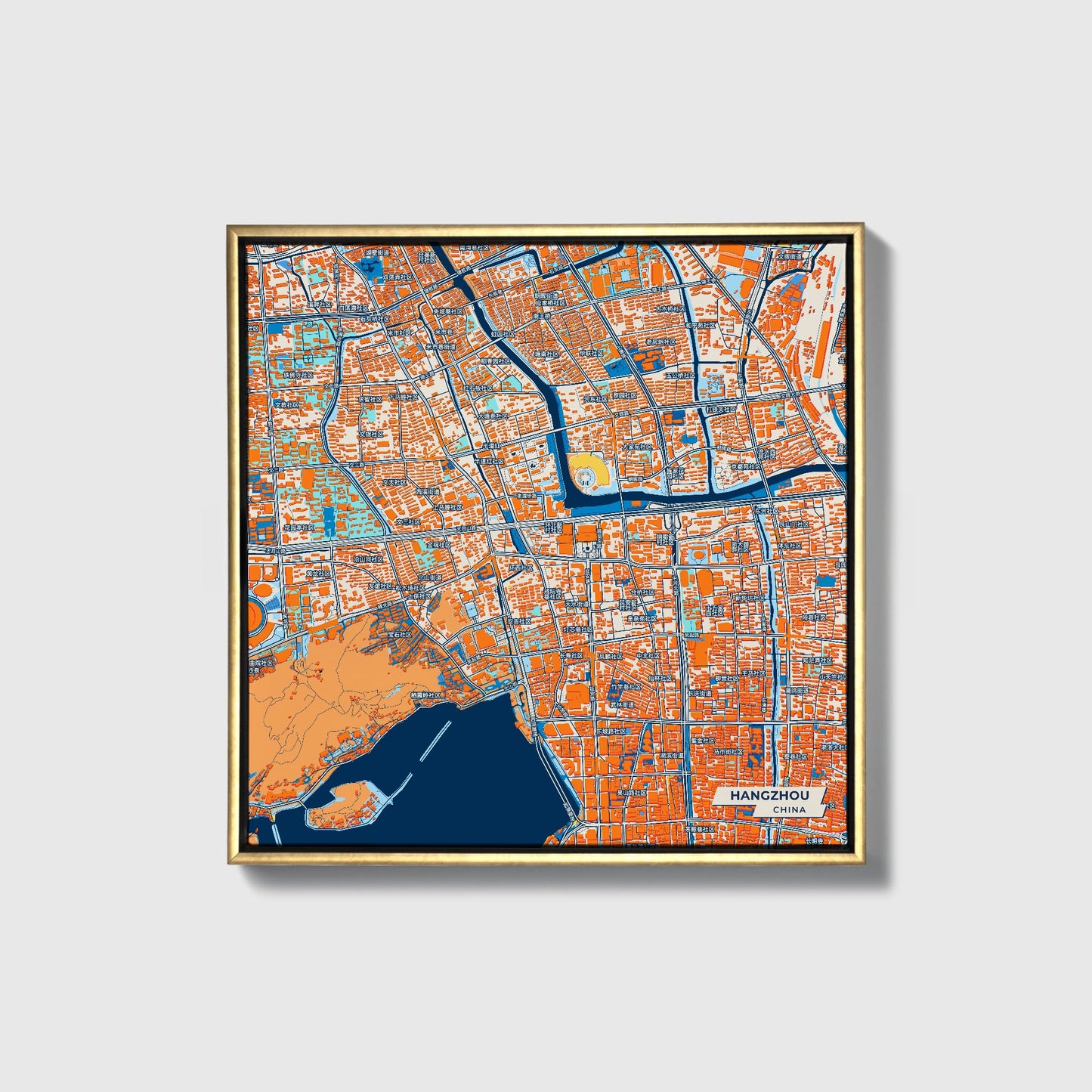 Hangzhou China Colorful City Map Canvas Print • Gold Framed