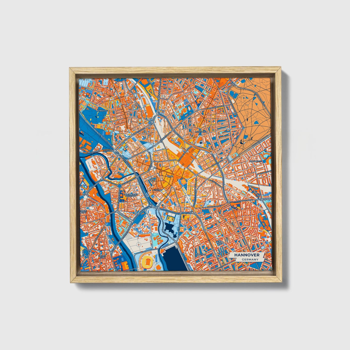 Hannover Germany Colorful City Map Canvas Print • Natural Wooden Framed