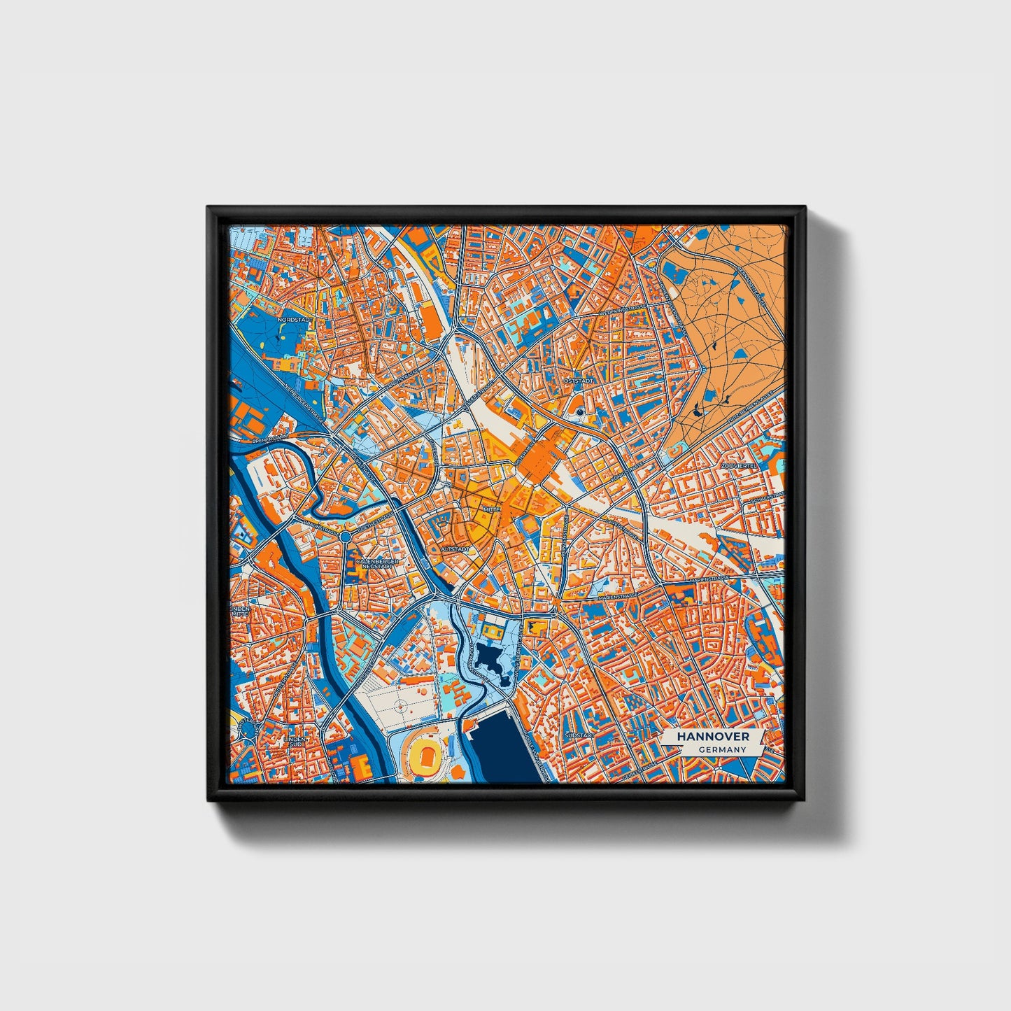 Hannover Germany Colorful City Map Canvas Print • Black Framed