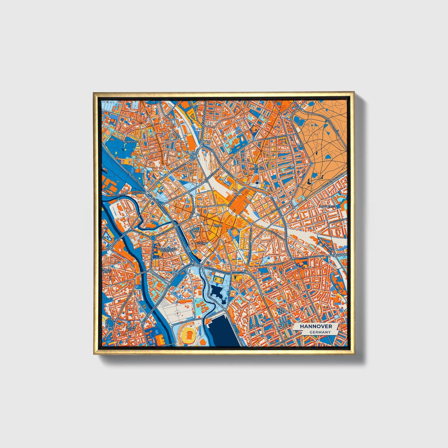 Hannover Germany Colorful City Map Canvas Print • Gold Framed