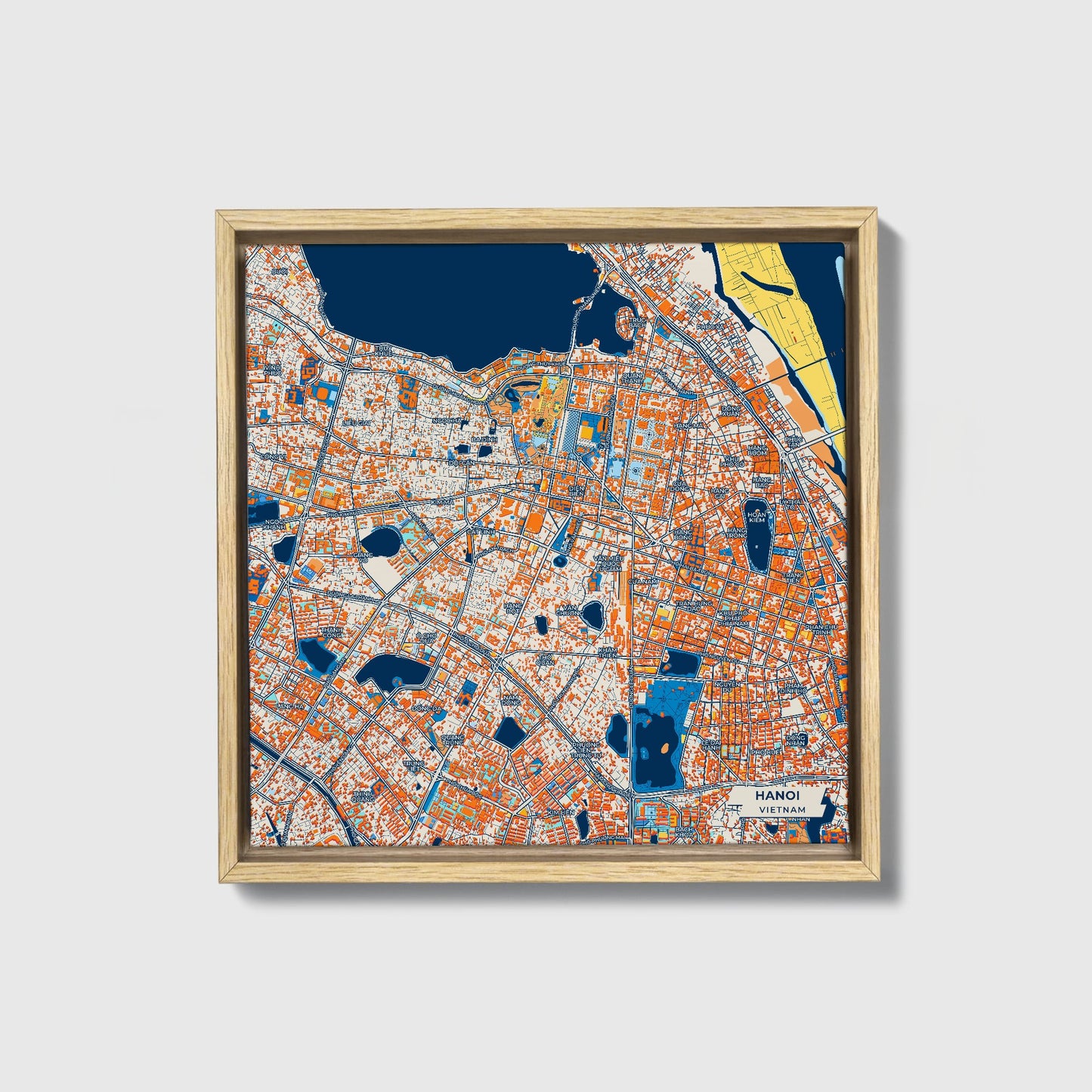 Hanoi Vietnam Colorful City Map Canvas Print • Natural Wooden Framed