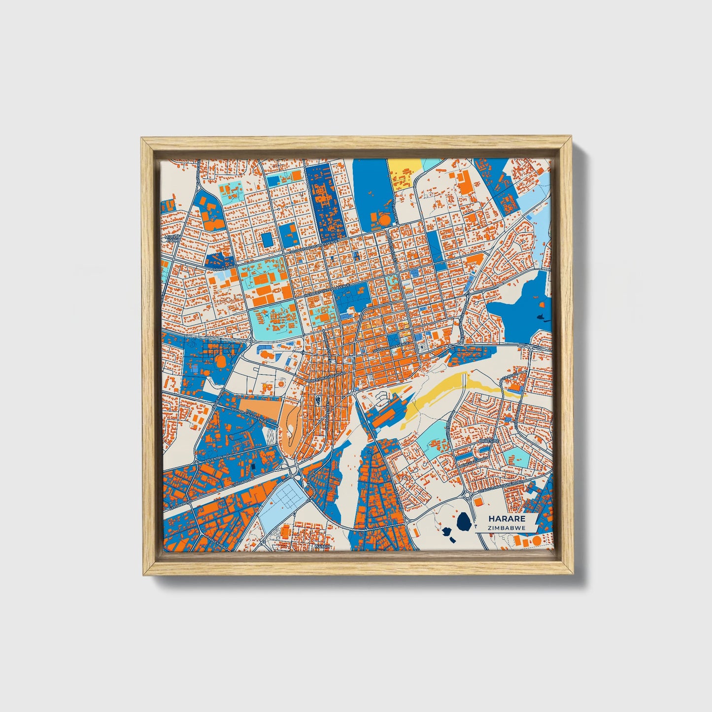 Harare Zimbabwe Colorful City Map Canvas Print • Natural Wooden Framed