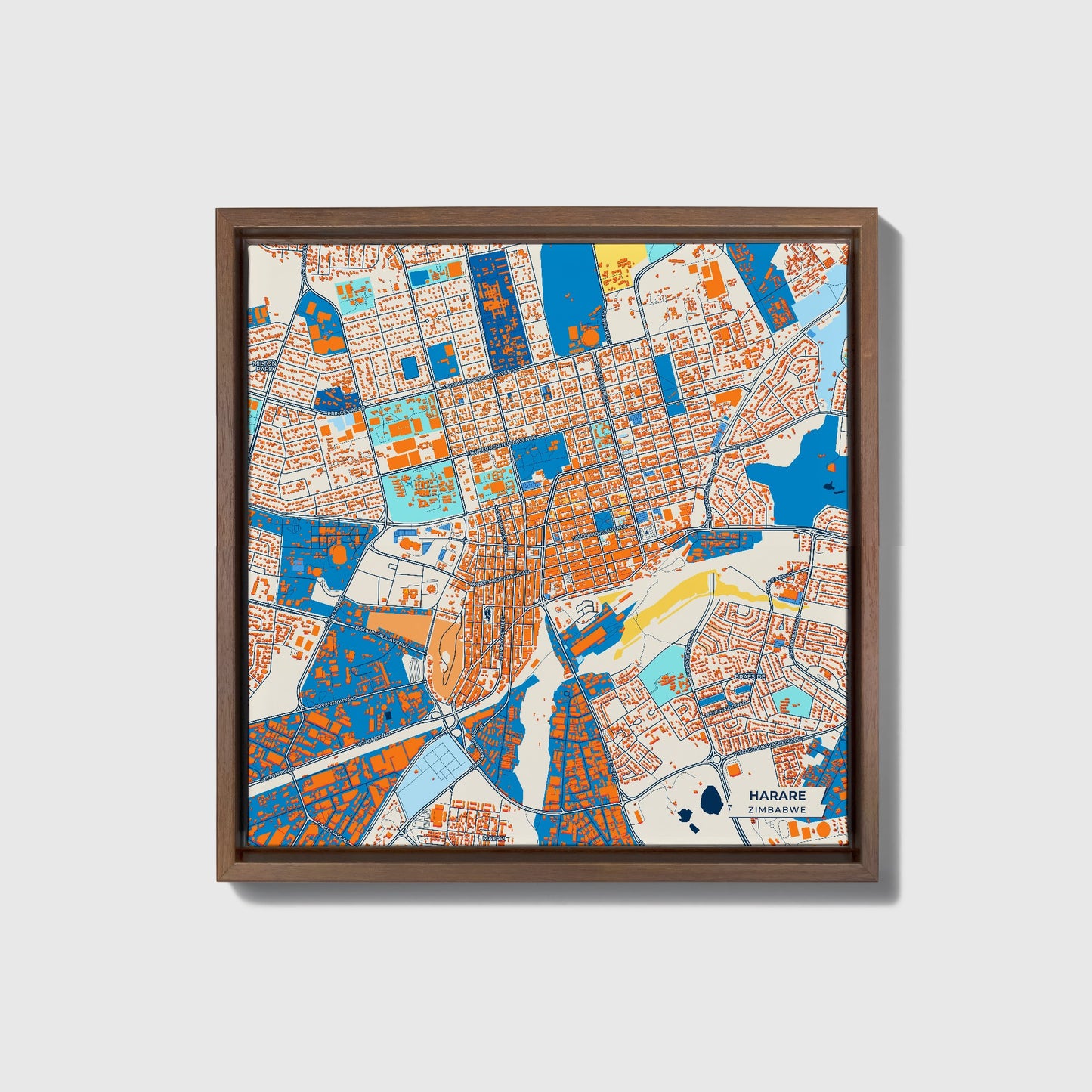 Harare Zimbabwe Colorful City Map Canvas Print • Dark Wooden Framed