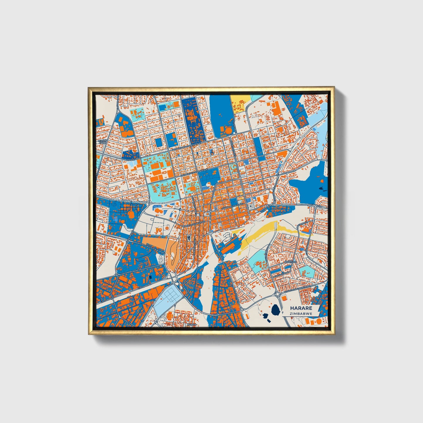 Harare Zimbabwe Colorful City Map Canvas Print • Gold Framed