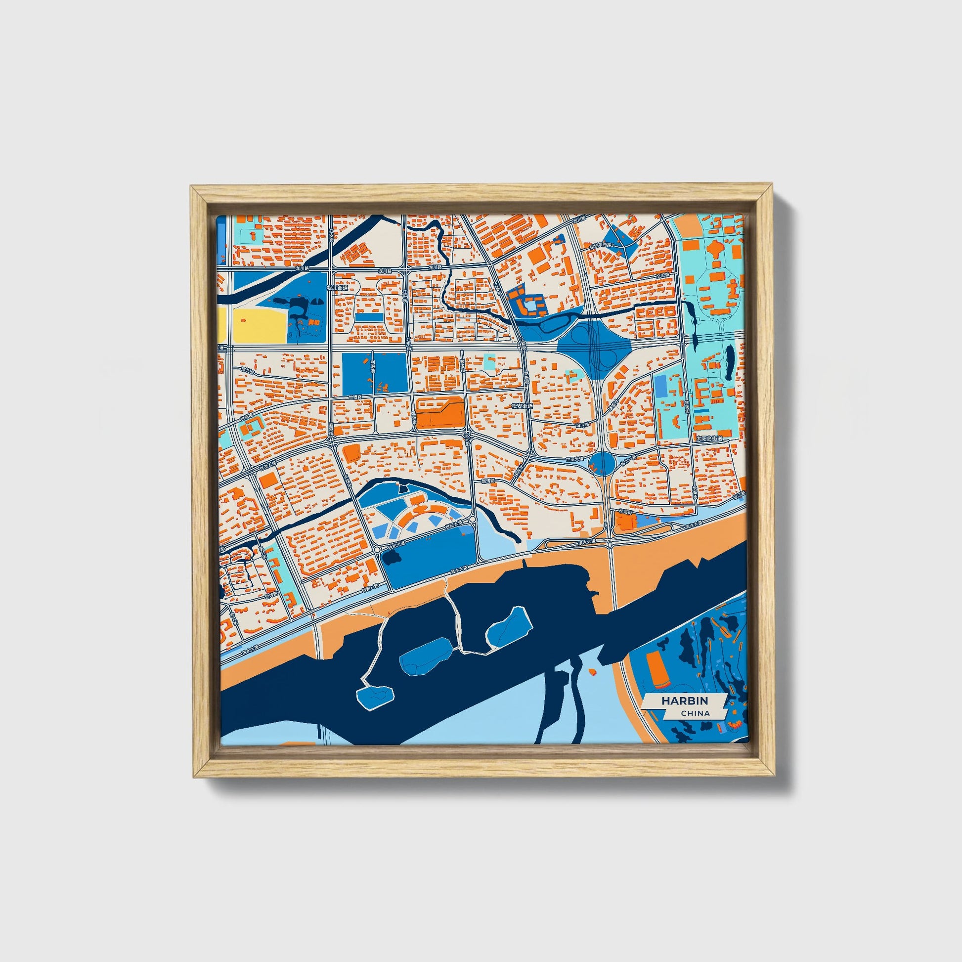 Harbin China Colorful City Map Canvas Print • Natural Wooden Framed