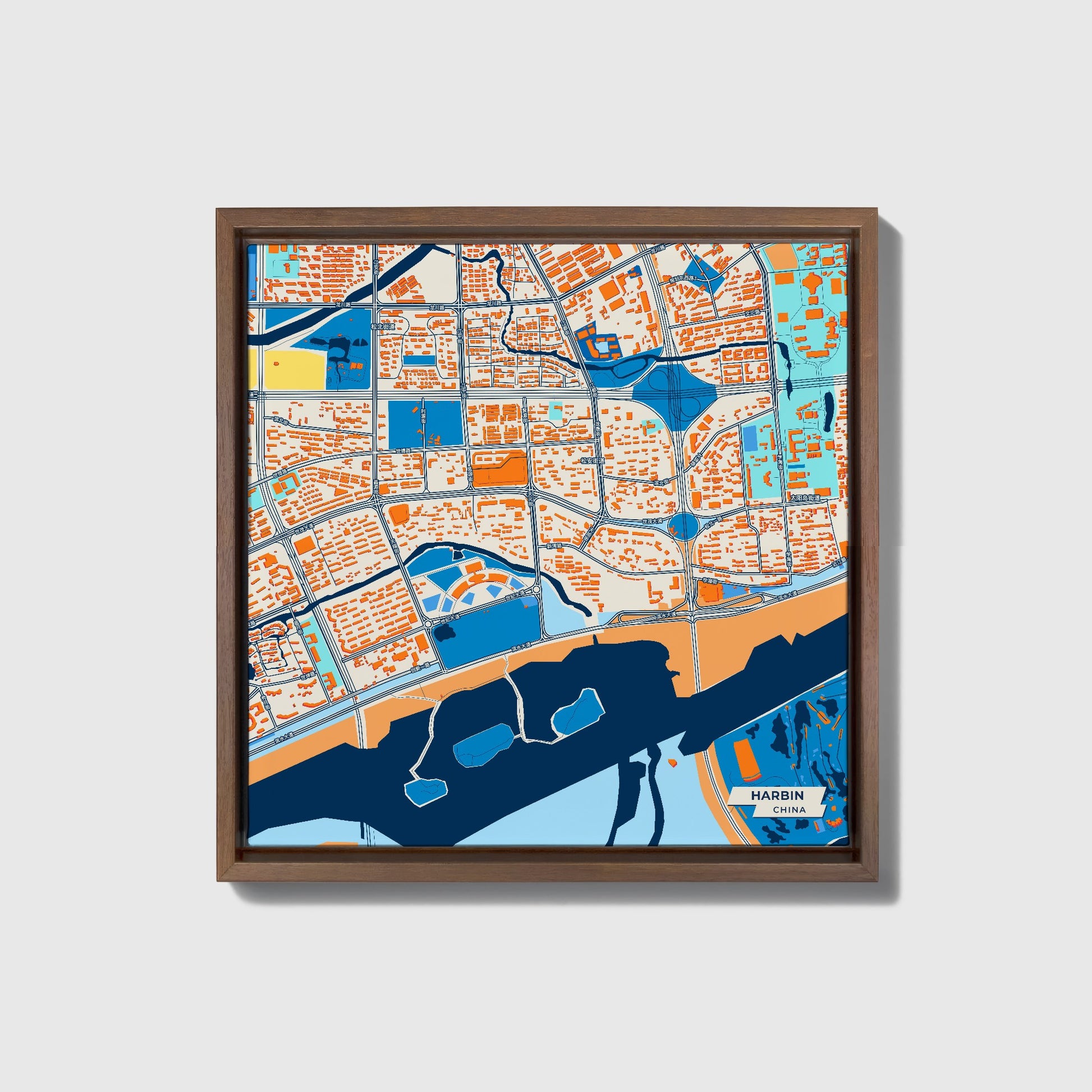 Harbin China Colorful City Map Canvas Print • Dark Wooden Framed
