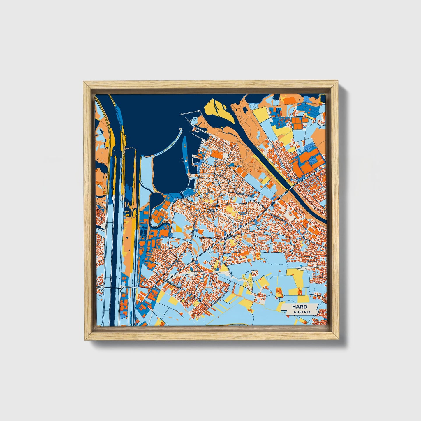 Hard Austria Colorful City Map Canvas Print • Natural Wooden Framed