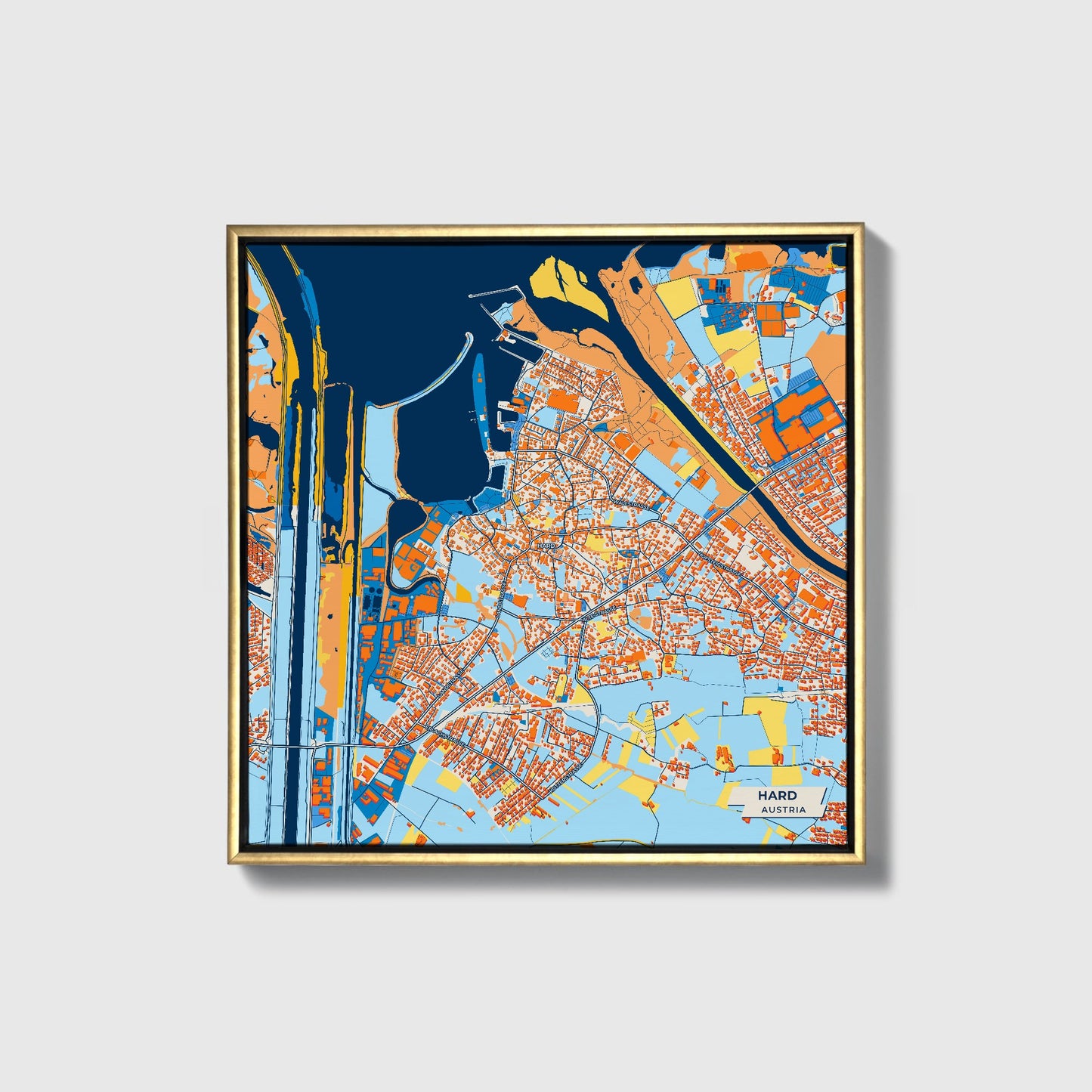 Hard Austria Colorful City Map Canvas Print • Gold Framed