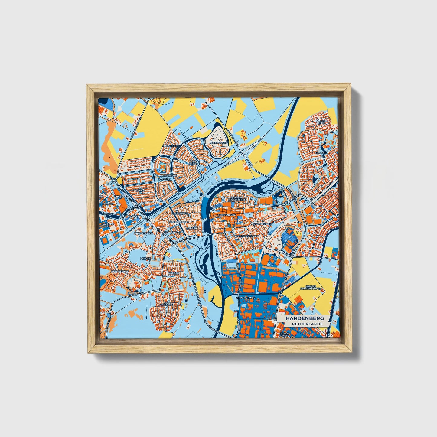Hardenberg Netherlands Colorful City Map Canvas Print • Natural Wooden Framed