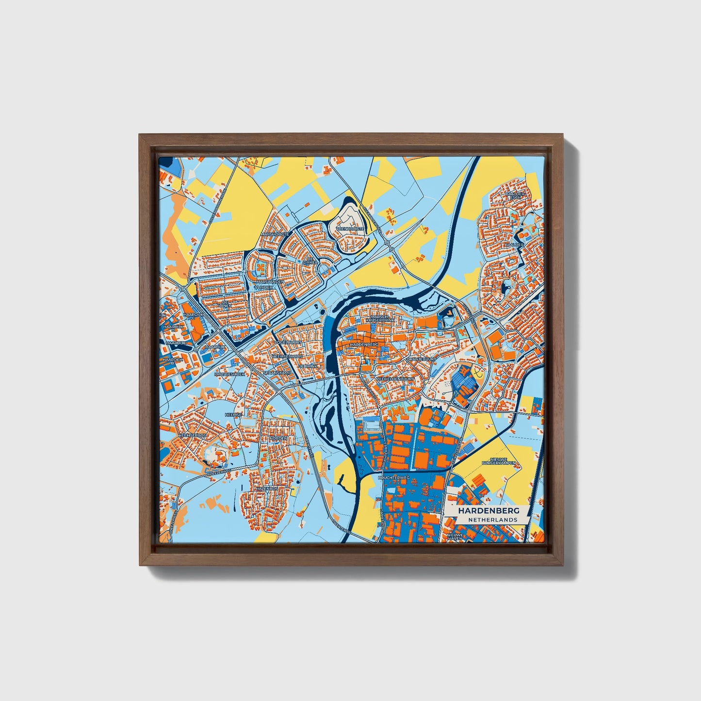 Hardenberg Netherlands Colorful City Map Canvas Print • Dark Wooden Framed