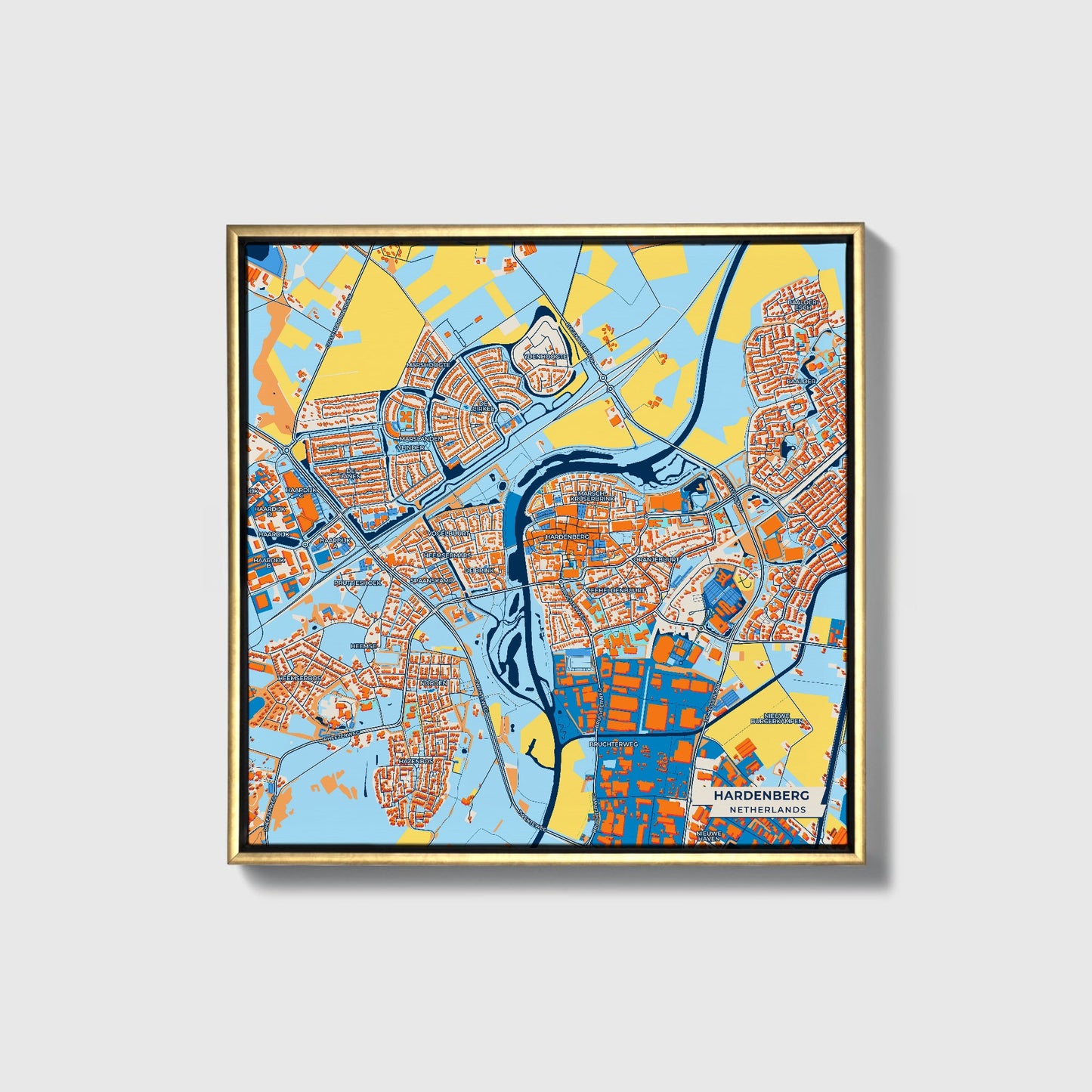 Hardenberg Netherlands Colorful City Map Canvas Print • Gold Framed
