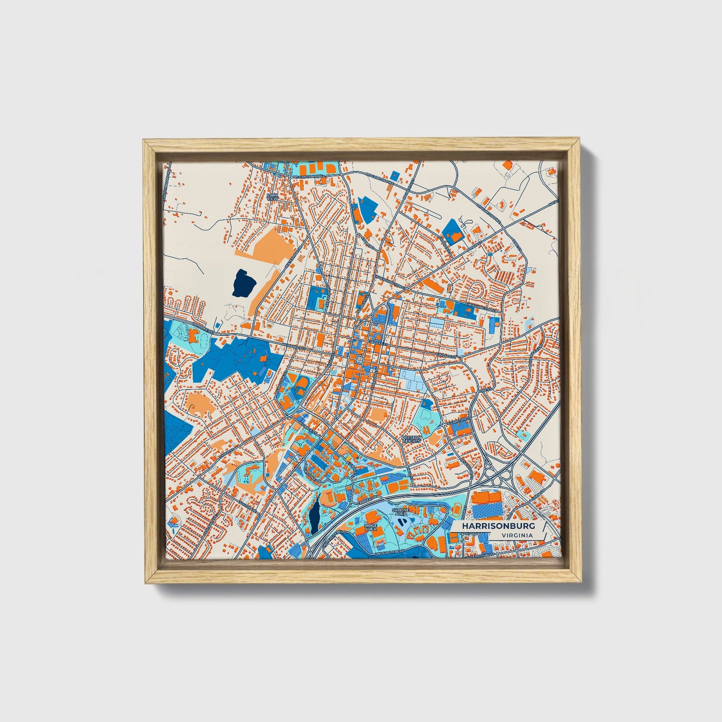 Harrisonburg Virginia Colorful City Map Canvas Print • Natural Wooden Framed