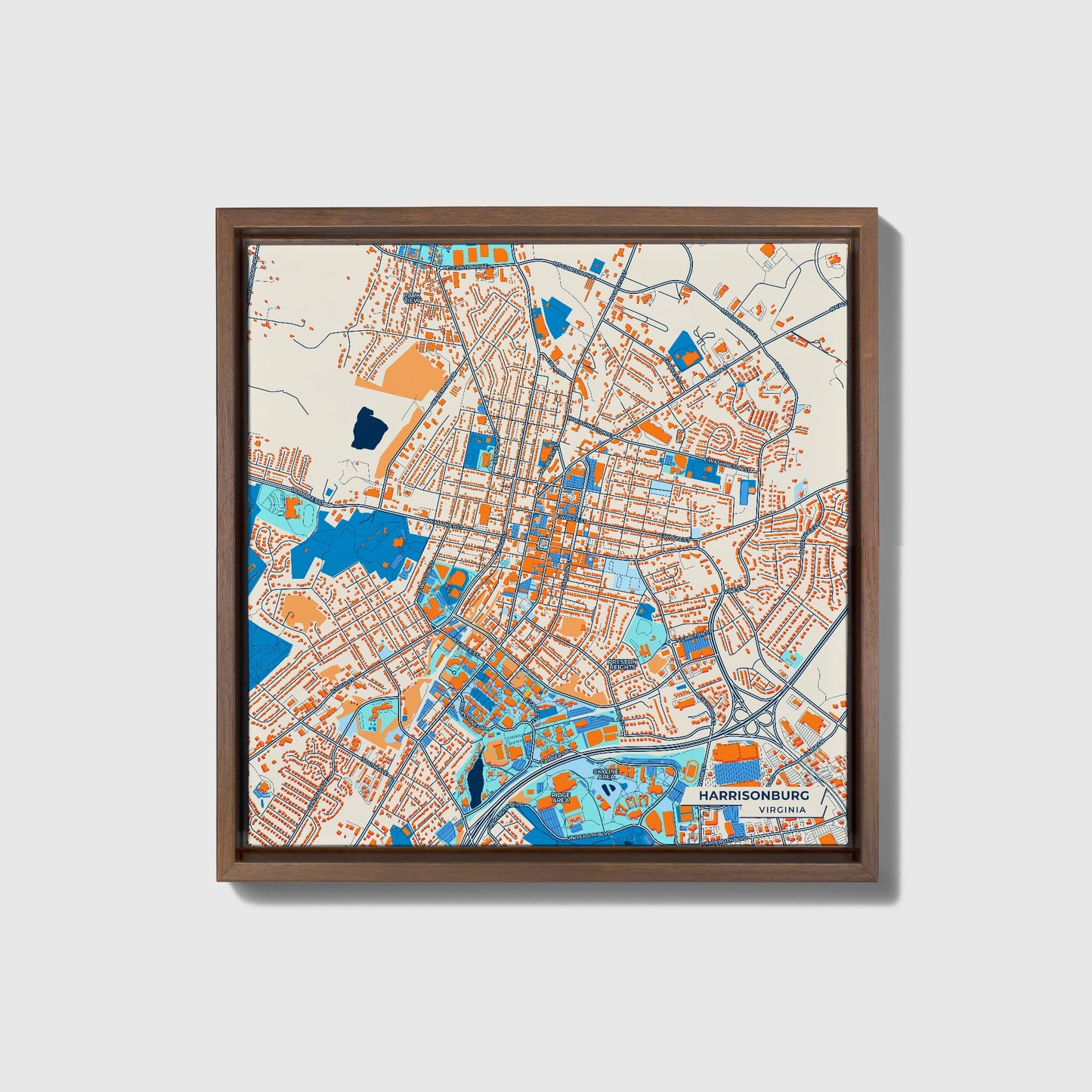 Harrisonburg Virginia Colorful City Map Canvas Print • Dark Wooden Framed