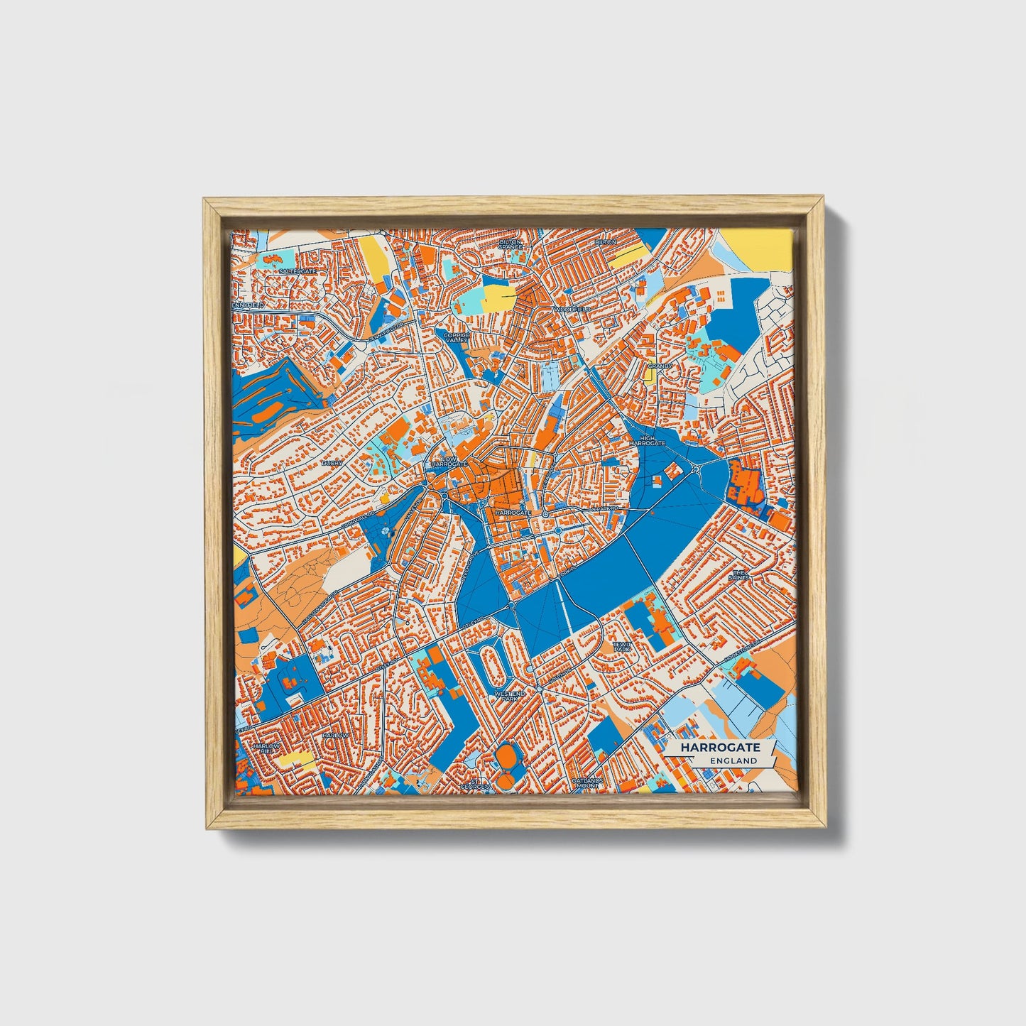 Harrogate England Colorful City Map Canvas Print • Natural Wooden Framed