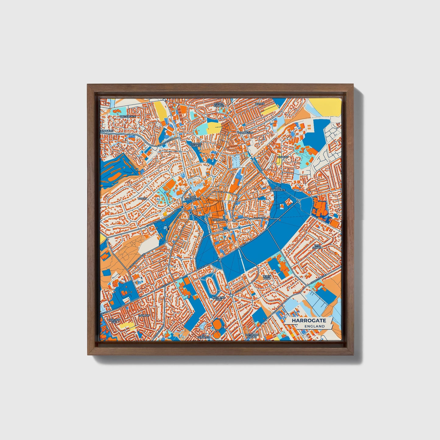 Harrogate England Colorful City Map Canvas Print • Dark Wooden Framed