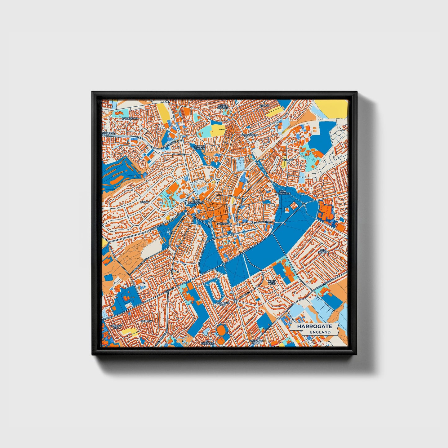 Harrogate England Colorful City Map Canvas Print • Black Framed