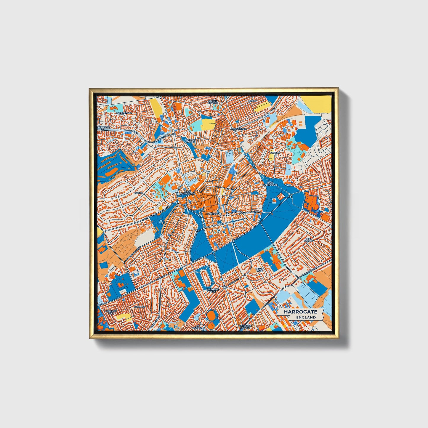 Harrogate England Colorful City Map Canvas Print • Gold Framed