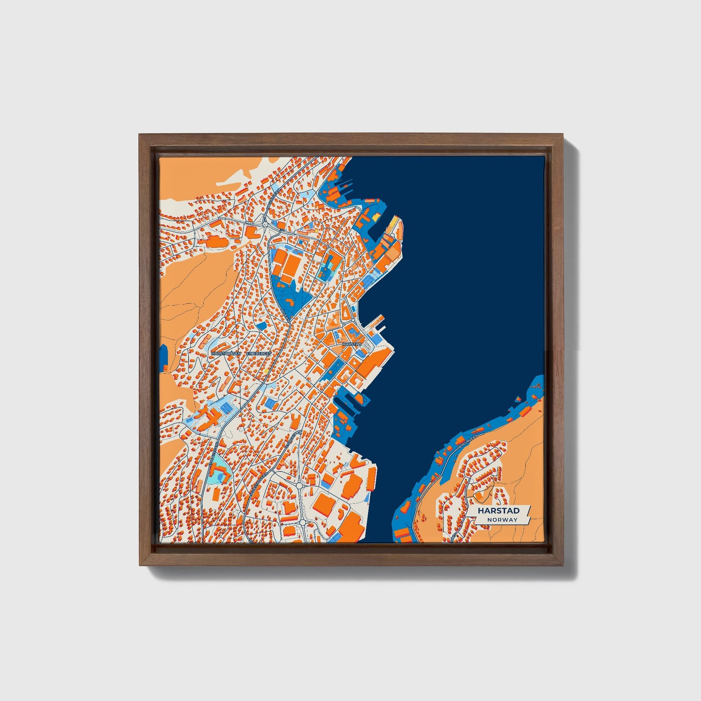 Harstad Norway Colorful City Map Canvas Print • Dark Wooden Framed