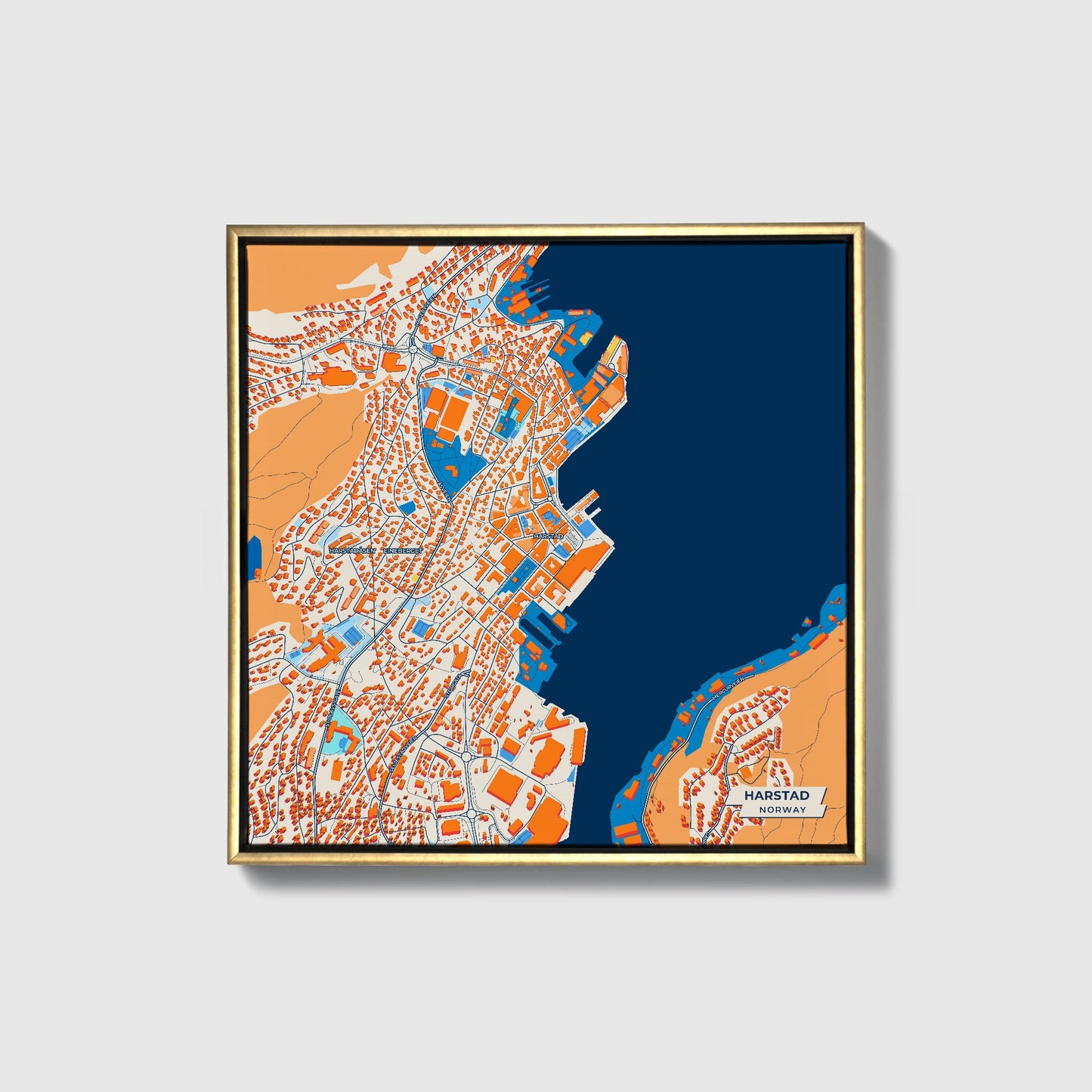 Harstad Norway Colorful City Map Canvas Print • Gold Framed