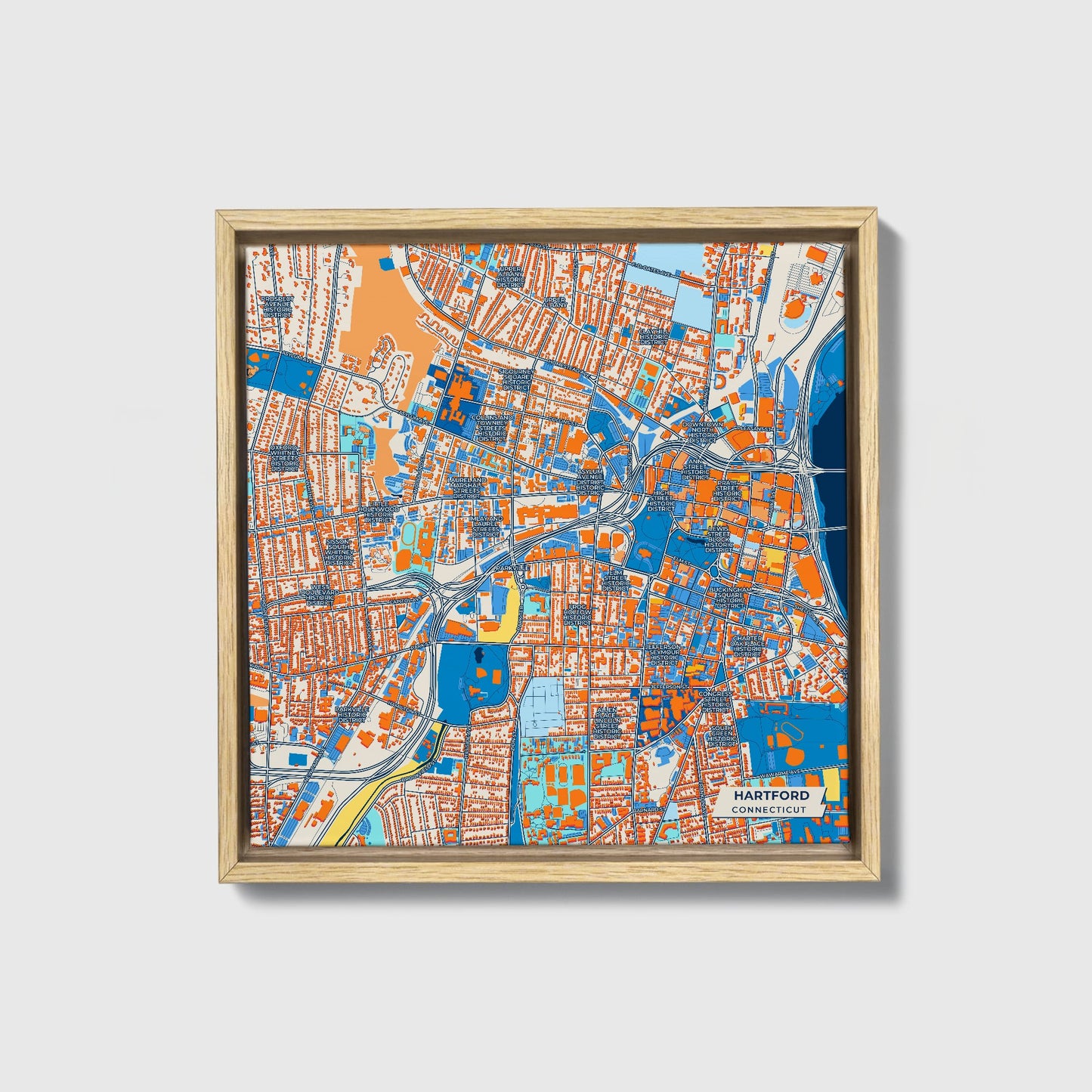 Hartford Connecticut Colorful City Map Canvas Print • Natural Wooden Framed