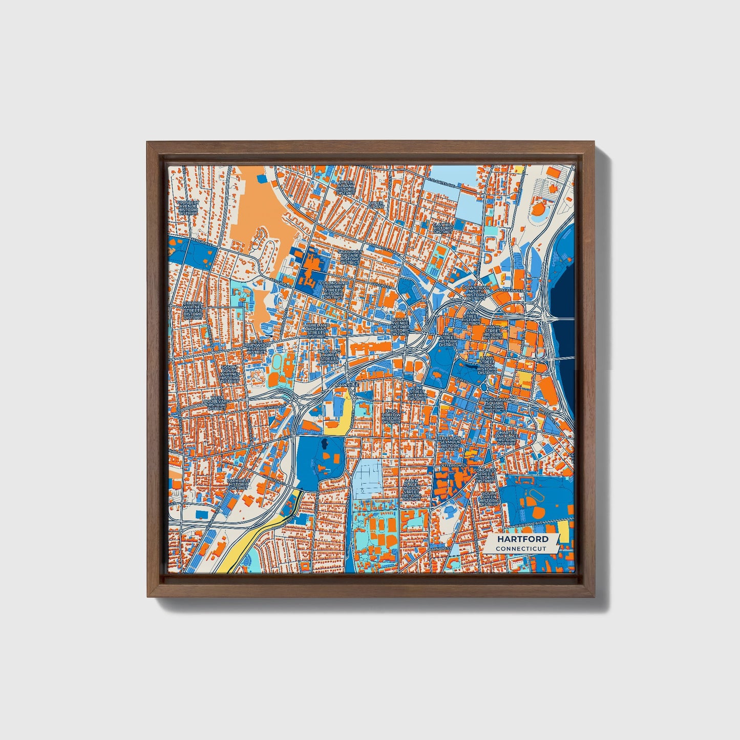 Hartford Connecticut Colorful City Map Canvas Print • Dark Wooden Framed