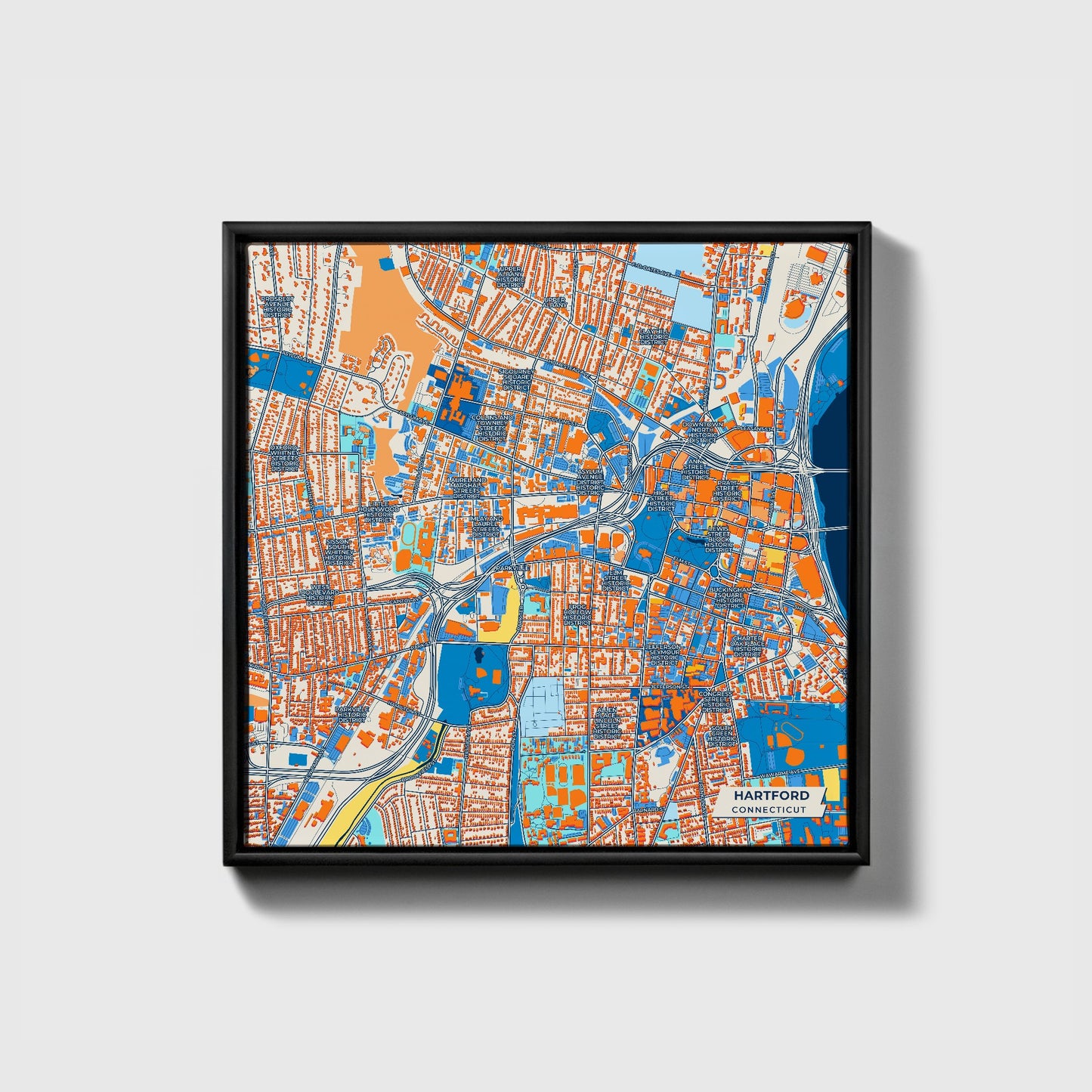 Hartford Connecticut Colorful City Map Canvas Print • Black Framed