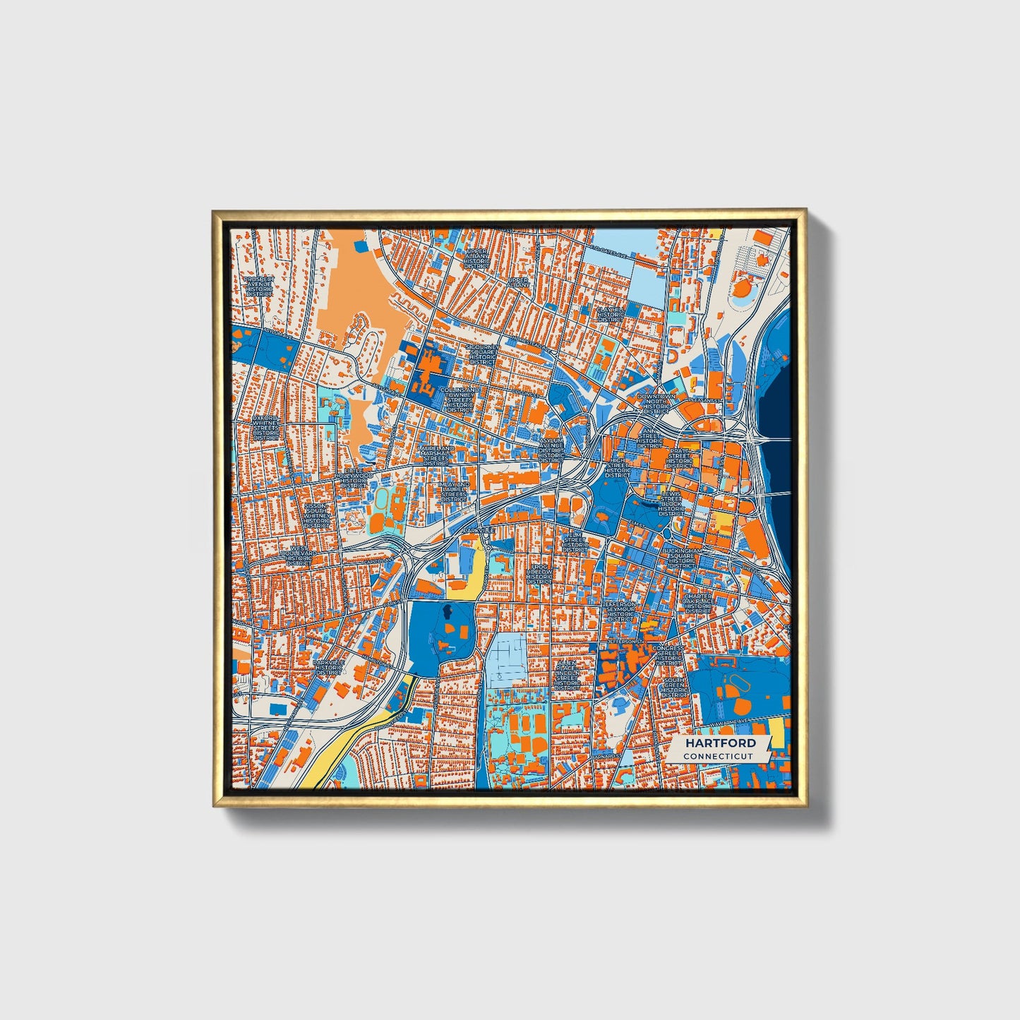 Hartford Connecticut Colorful City Map Canvas Print • Gold Framed