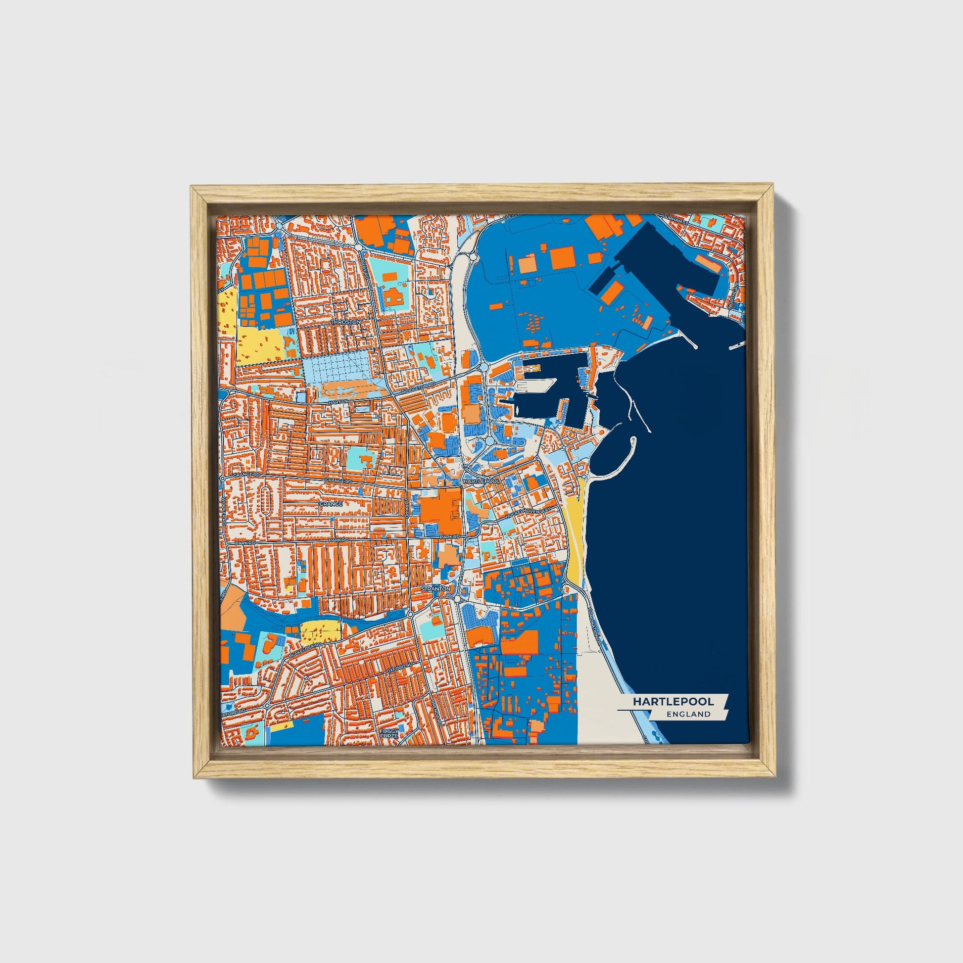 Hartlepool England Colorful City Map Canvas Print • Natural Wooden Framed