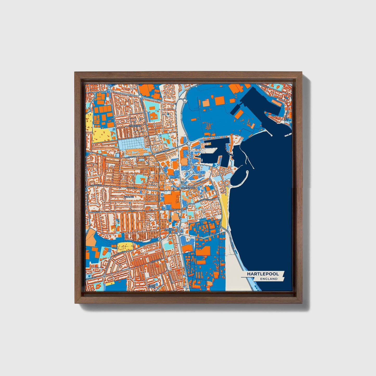 Hartlepool England Colorful City Map Canvas Print • Dark Wooden Framed