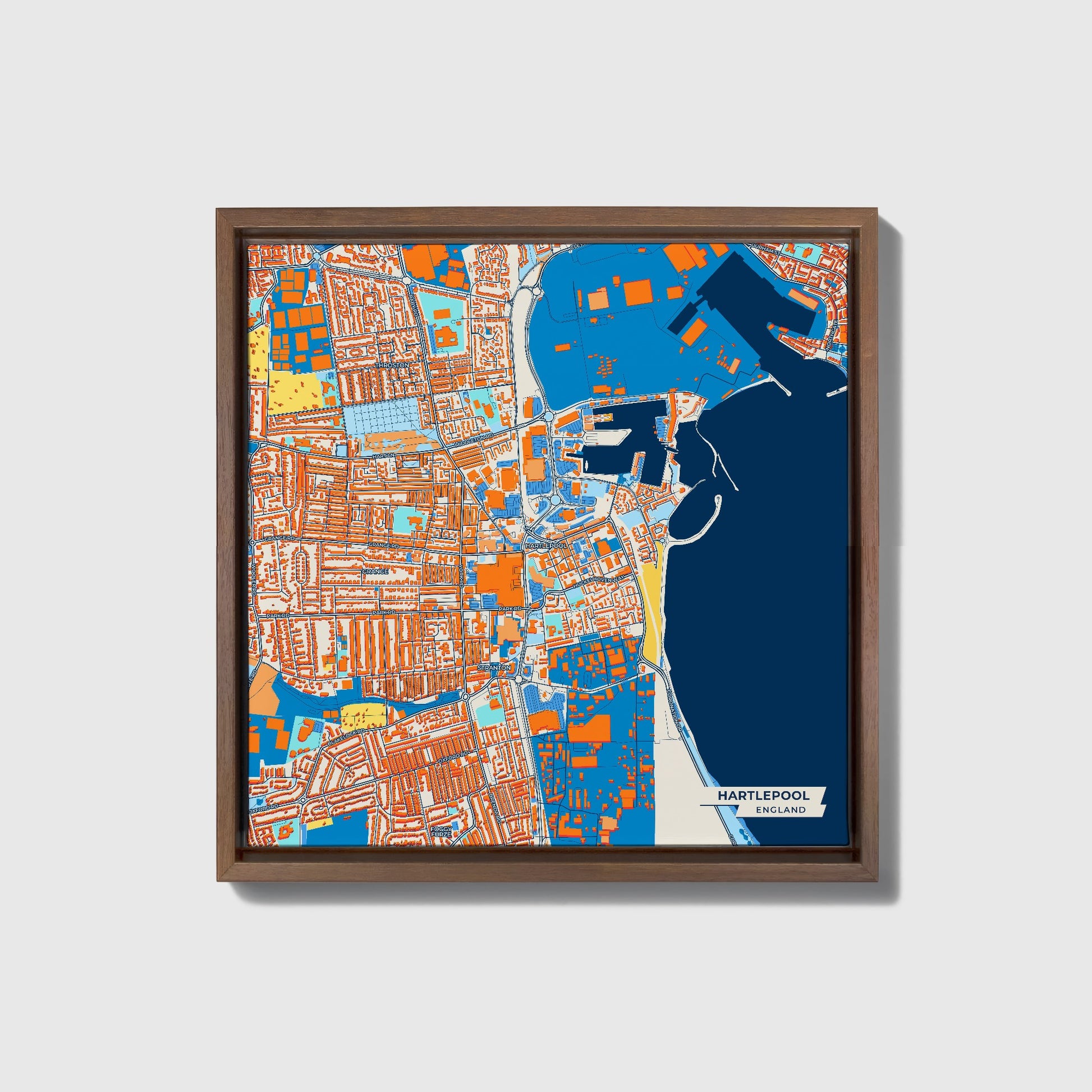 Hartlepool England Colorful City Map Canvas Print • Dark Wooden Framed