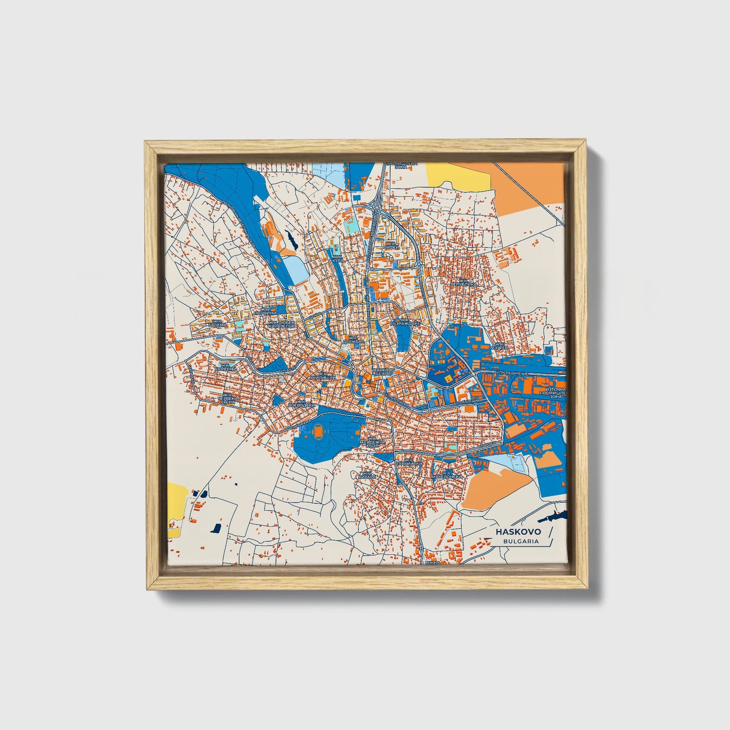Хасково Bulgaria Colorful City Map Canvas Print • Natural Wooden Framed