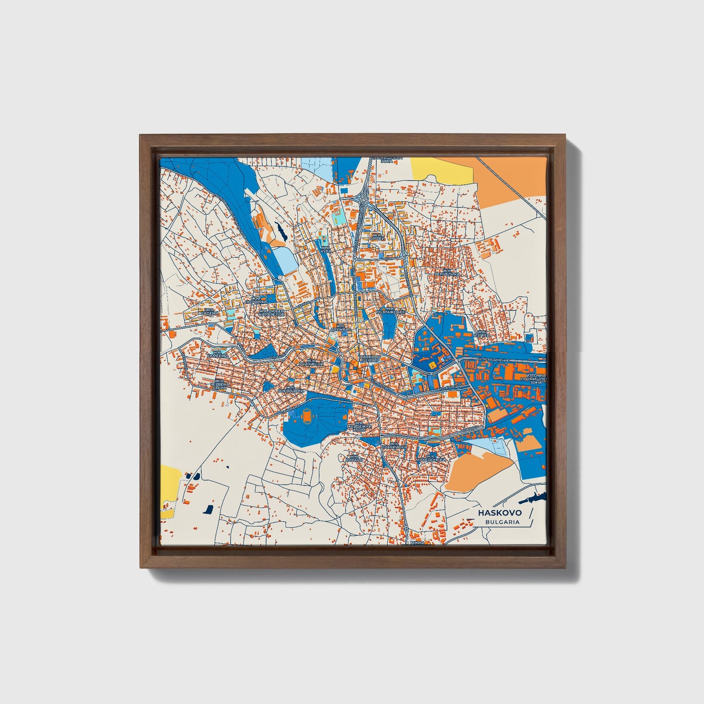 Хасково Bulgaria Colorful City Map Canvas Print • Dark Wooden Framed