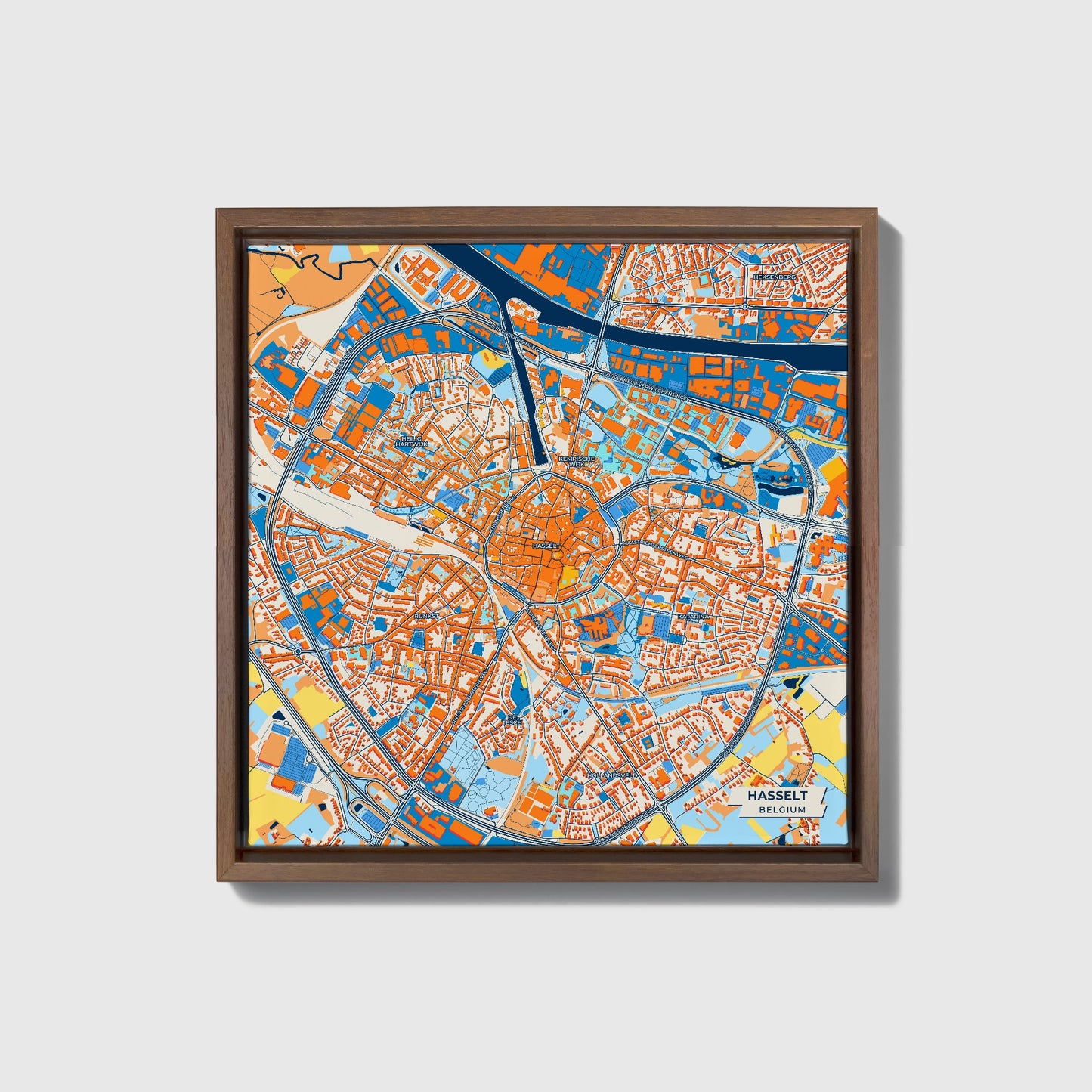 Hasselt Belgium Colorful City Map Canvas Print • Dark Wooden Framed