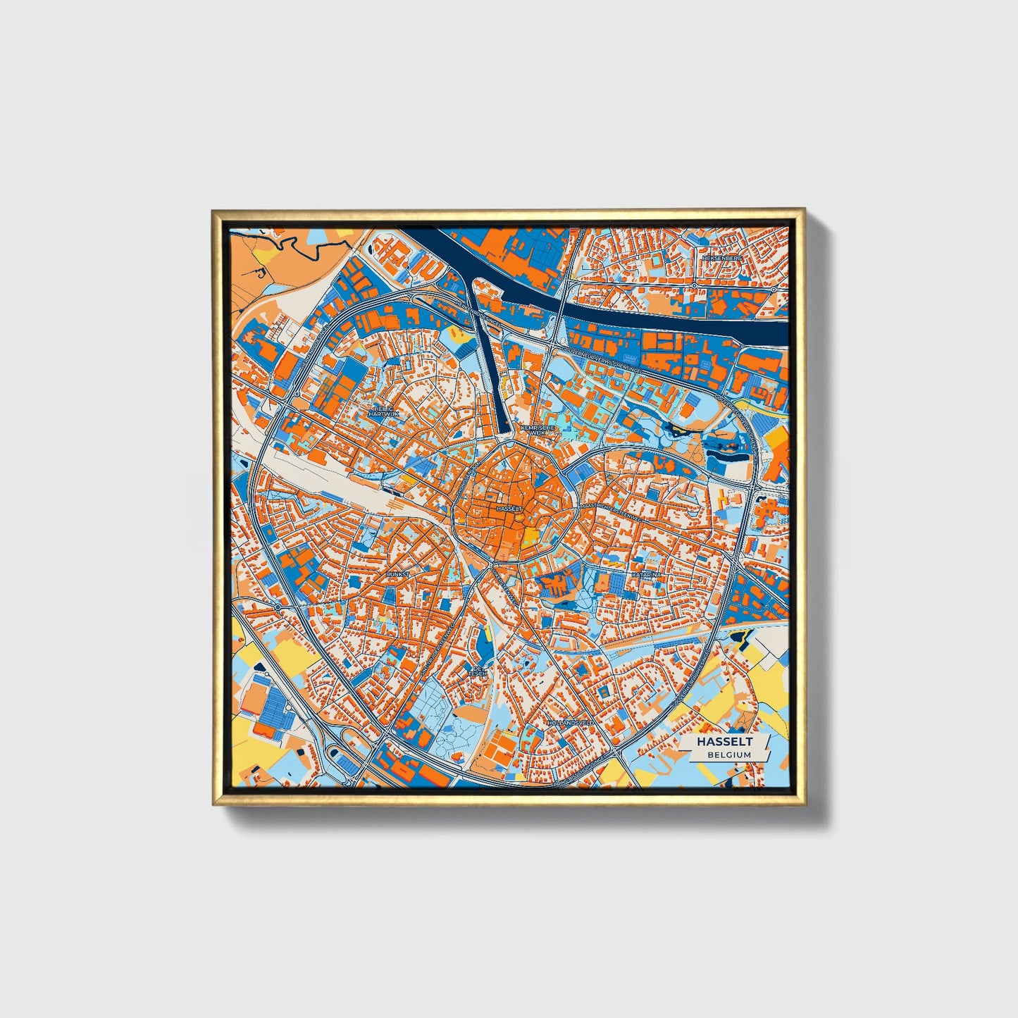 Hasselt Belgium Colorful City Map Canvas Print • Gold Framed