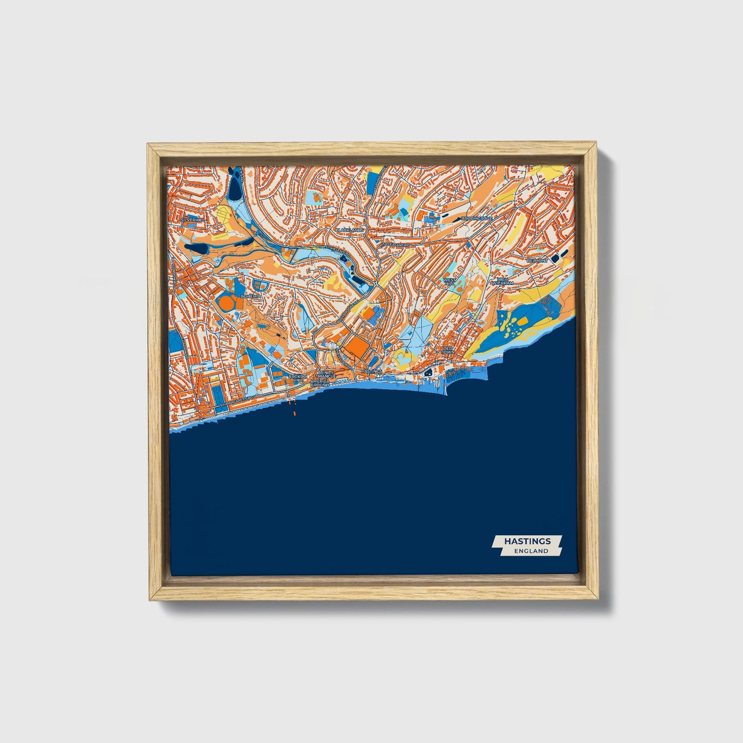 Hastings England Colorful City Map Canvas Print • Natural Wooden Framed