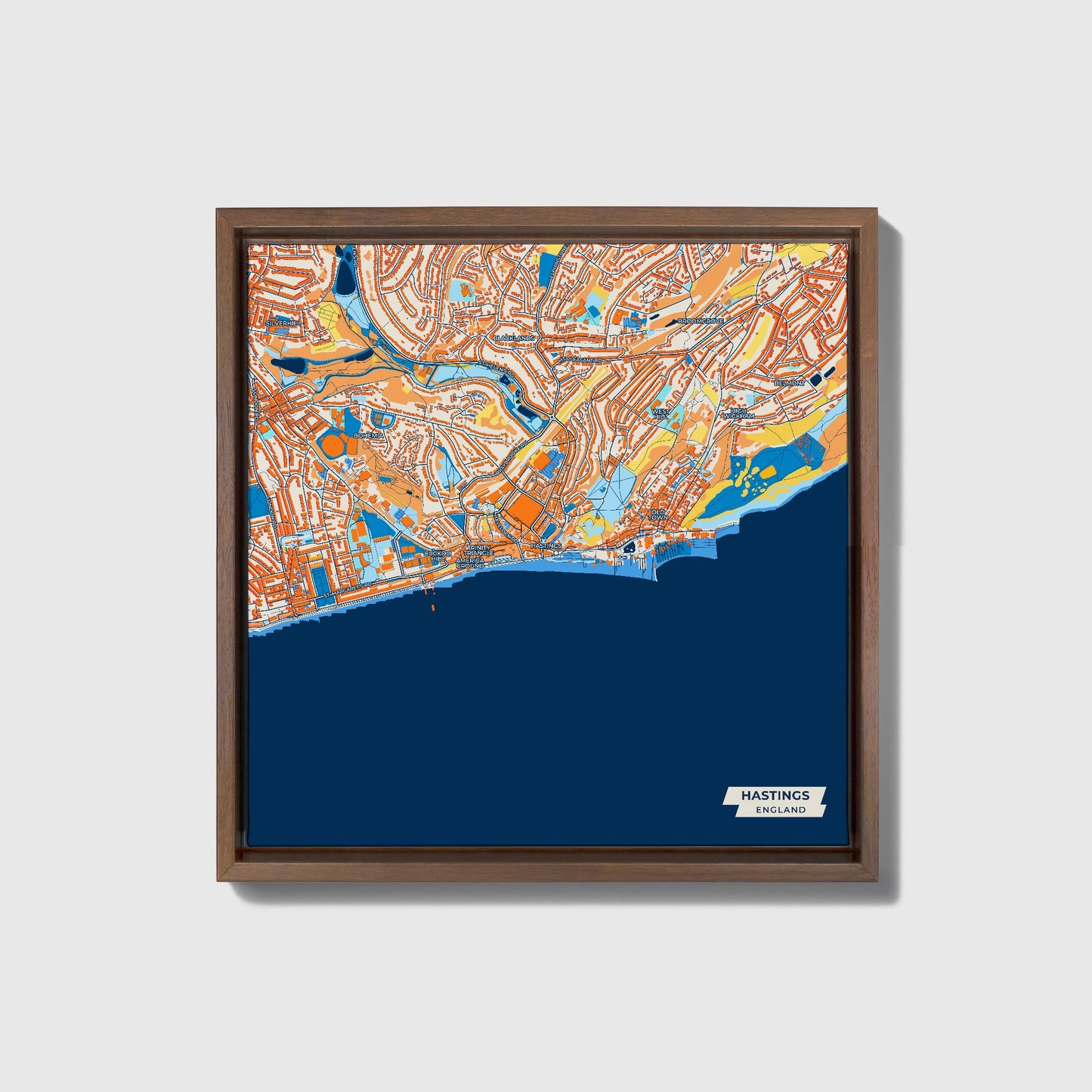 Hastings England Colorful City Map Canvas Print • Dark Wooden Framed