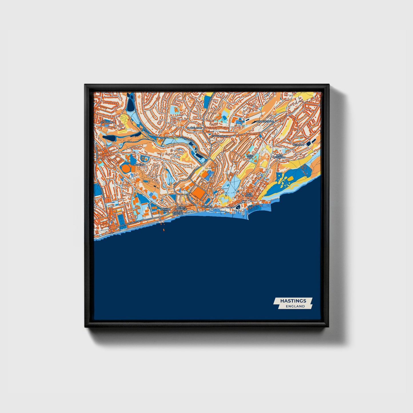Hastings England Colorful City Map Canvas Print • Black Framed