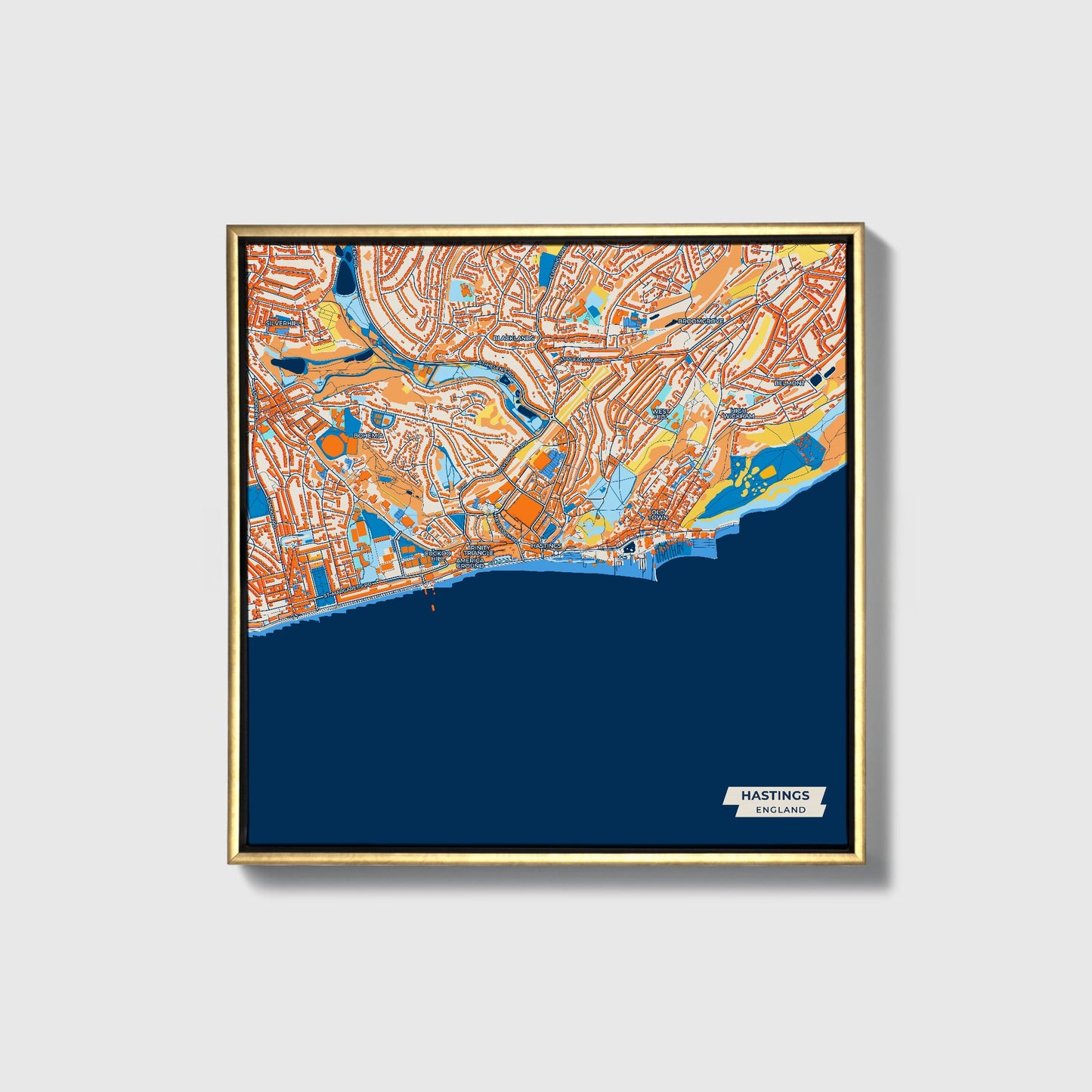 Hastings England Colorful City Map Canvas Print • Gold Framed