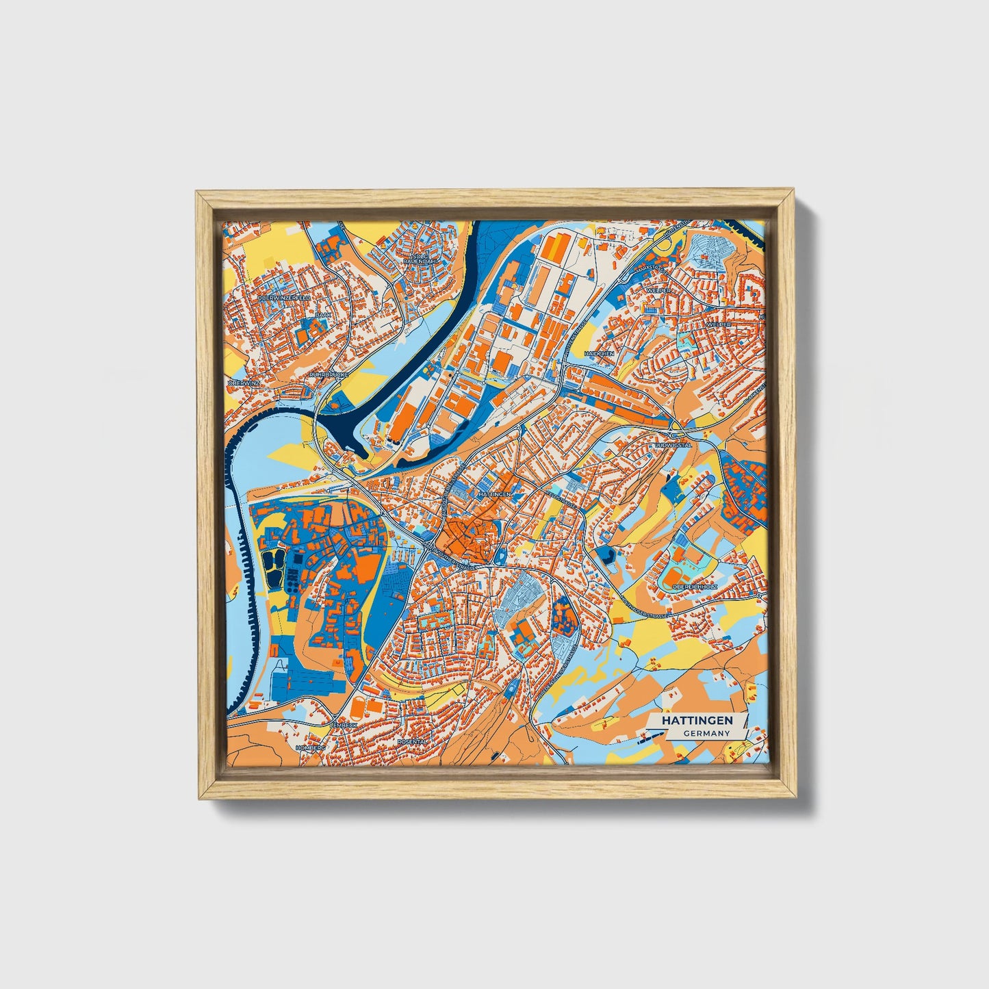 Hattingen Germany Colorful City Map Canvas Print • Natural Wooden Framed