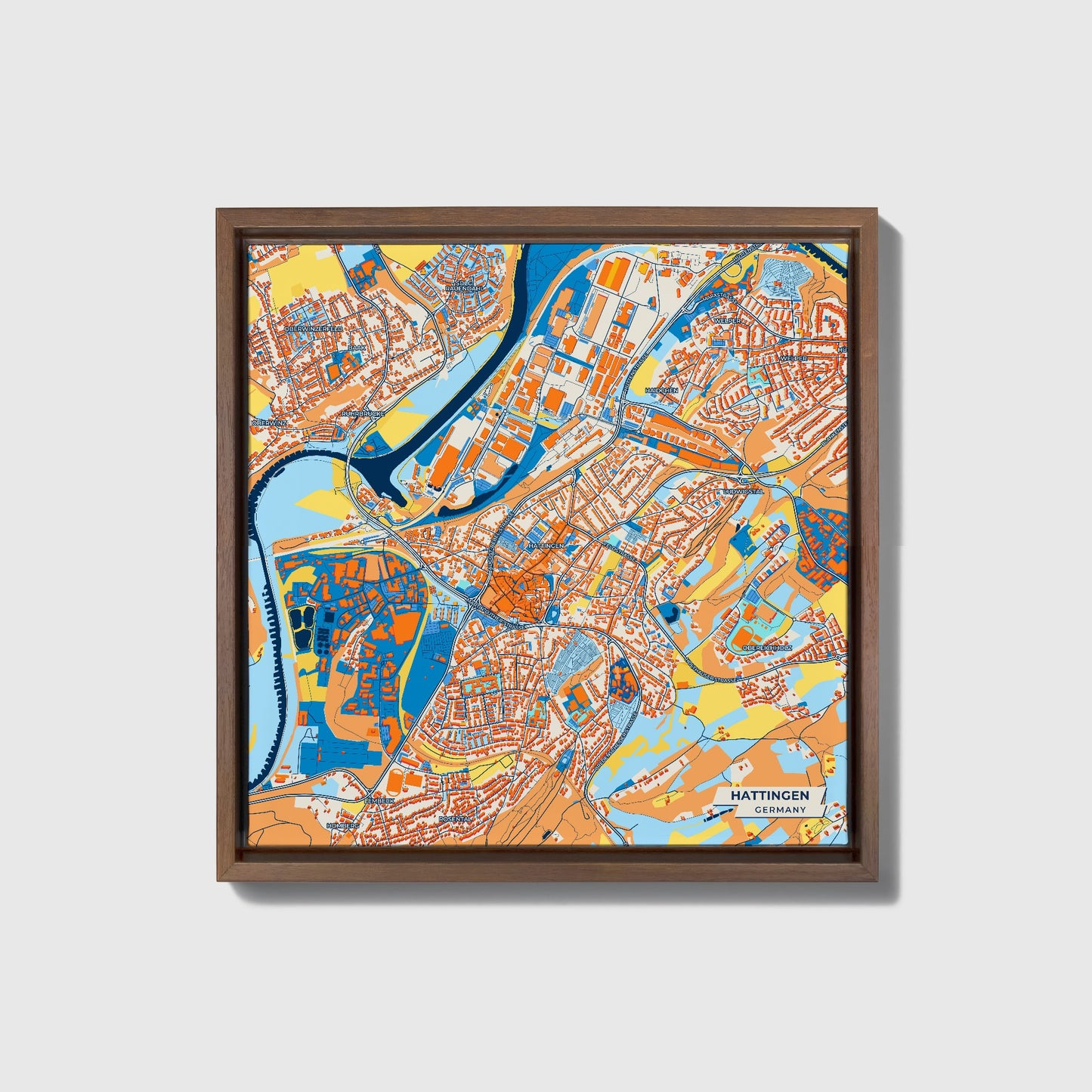 Hattingen Germany Colorful City Map Canvas Print • Dark Wooden Framed