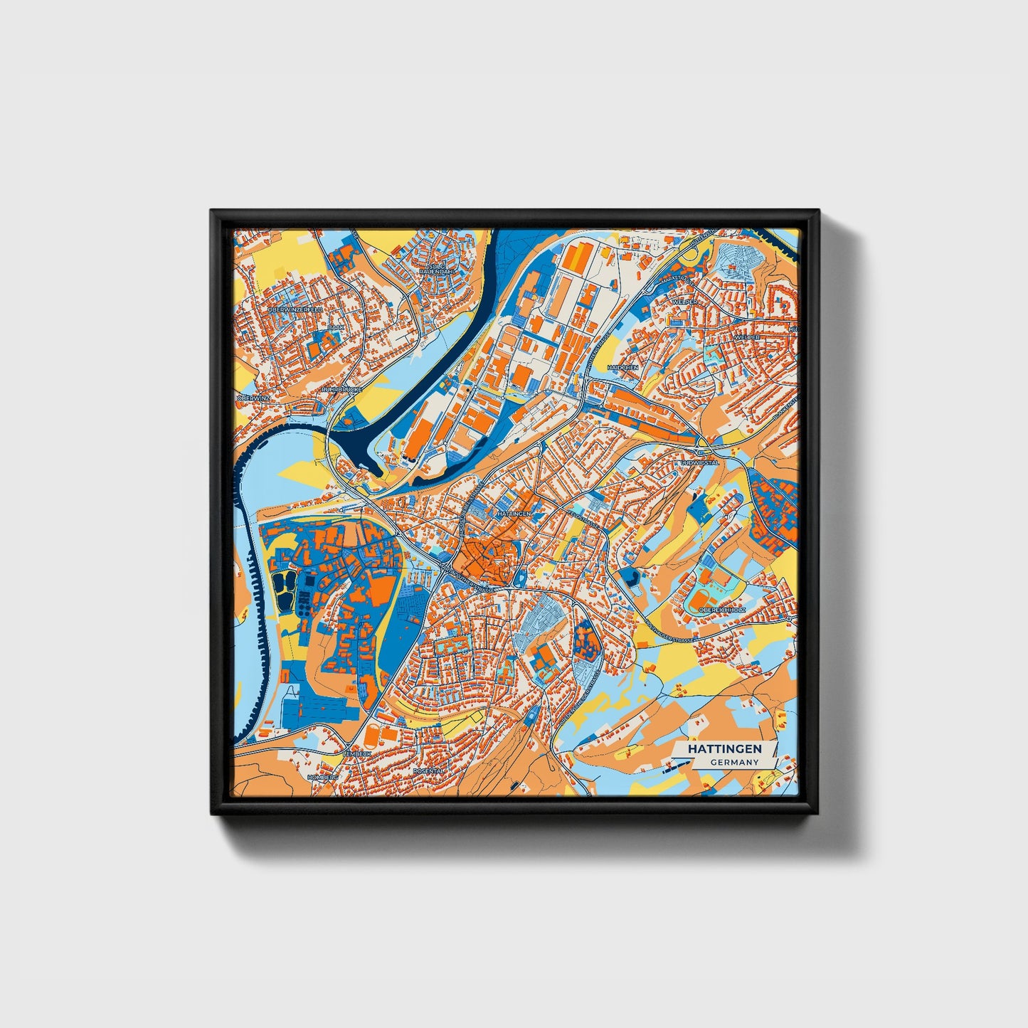 Hattingen Germany Colorful City Map Canvas Print • Black Framed