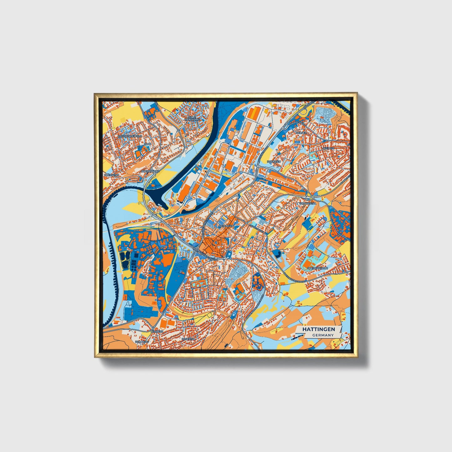 Hattingen Germany Colorful City Map Canvas Print • Gold Framed