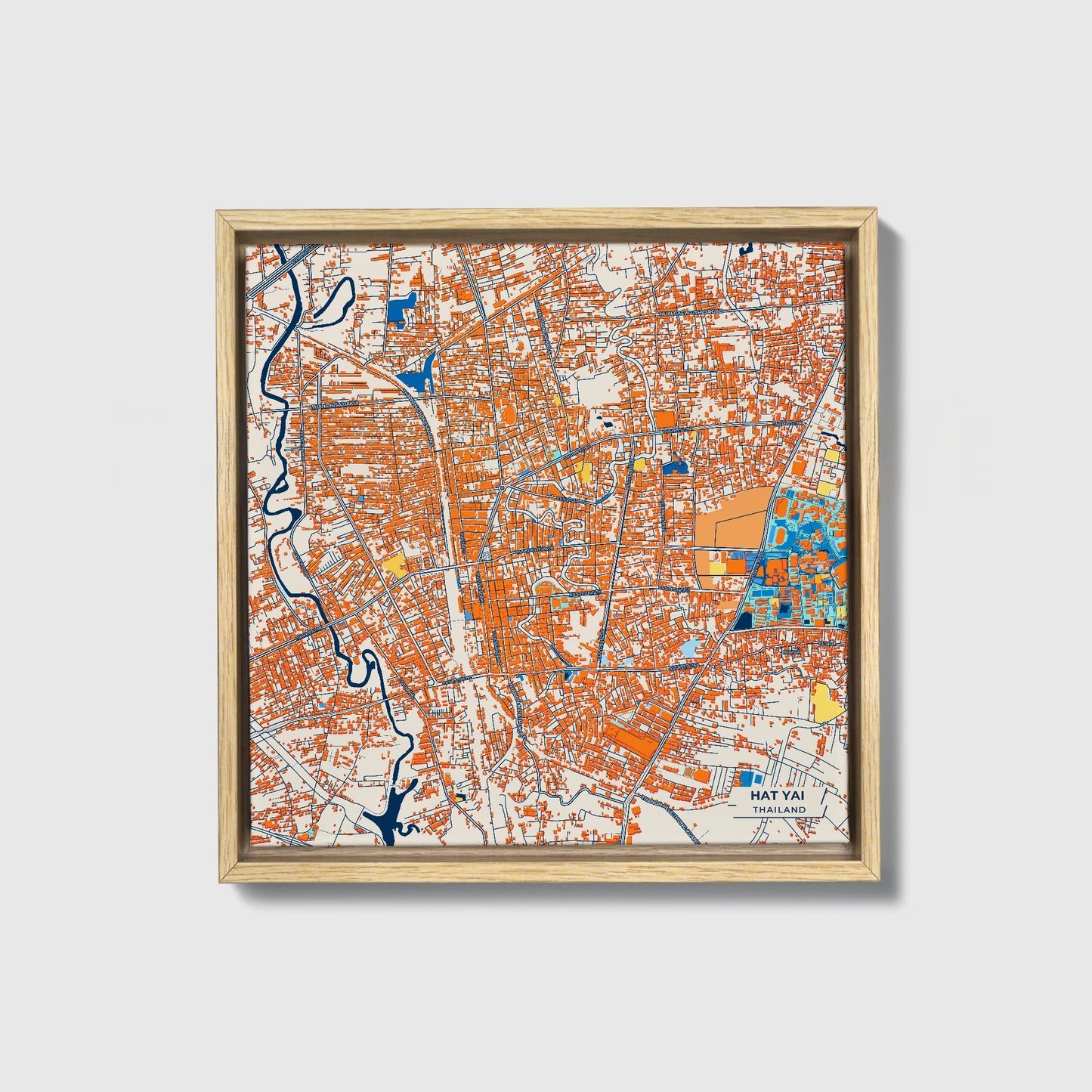 Hat Yai Thailand Colorful City Map Canvas Print • Natural Wooden Framed
